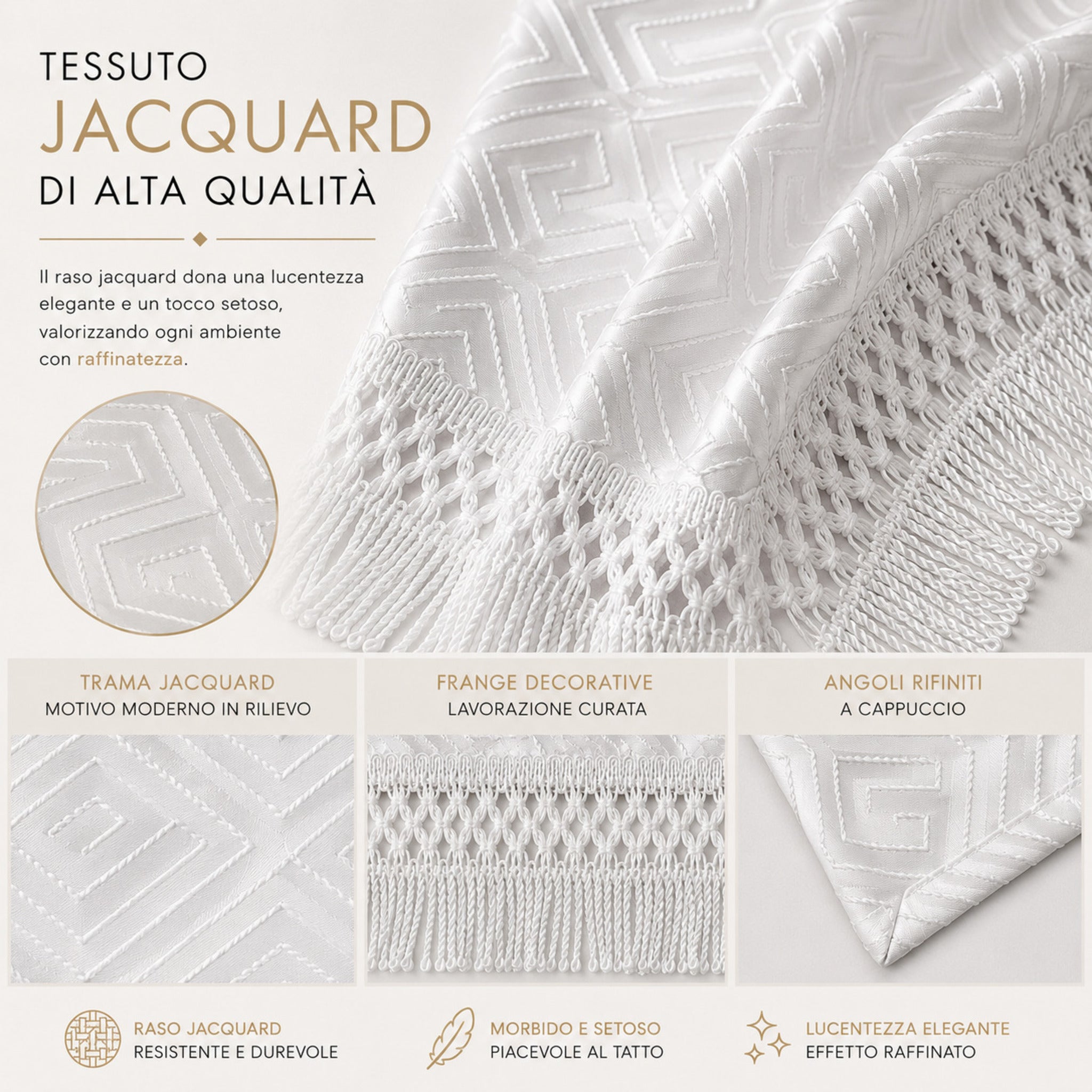 dettaglio tessuto raso jacquard con frange decorative bianco elegante