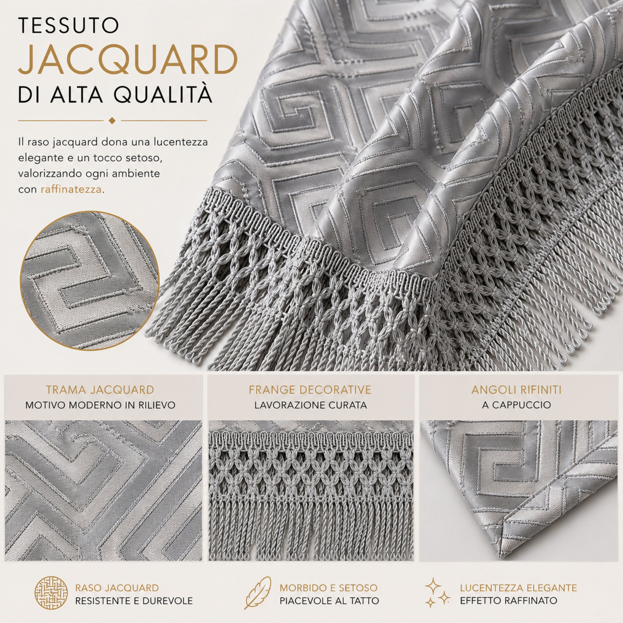 dettaglio tessuto raso jacquard con frange decorative grigio elegante