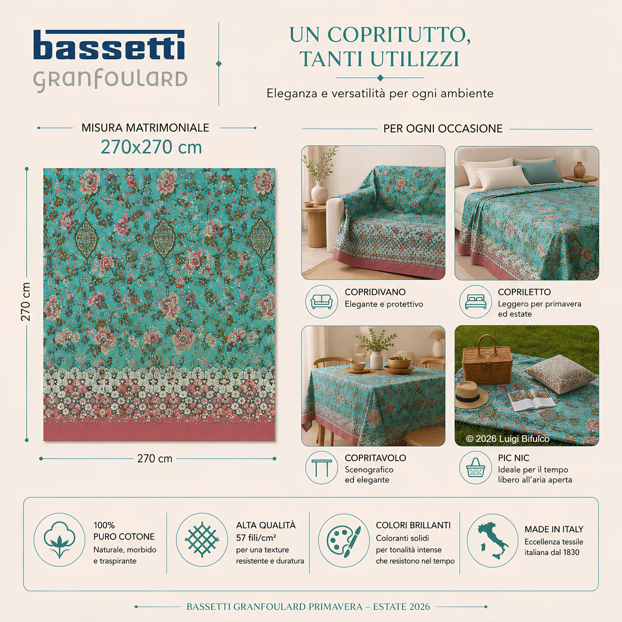 Telo arredo Bassetti Granfoulard Tigullio 270x270 cm utilizzabile come copridivano, copriletto, copritavolo e telo picnic