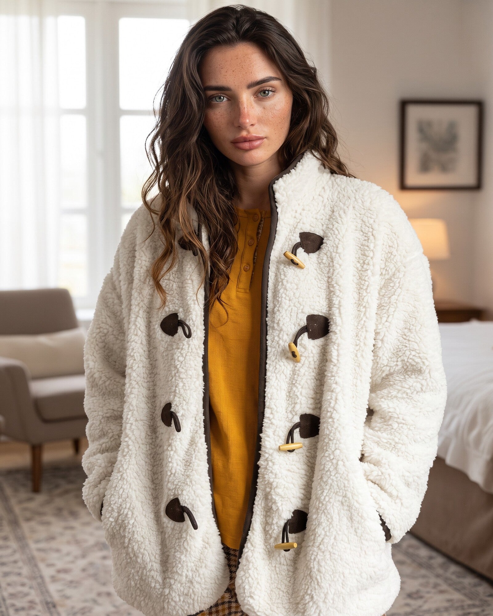 Vestaglia donna Admas Art. 67278 in pile shearling beige con alamari e tasche laterali