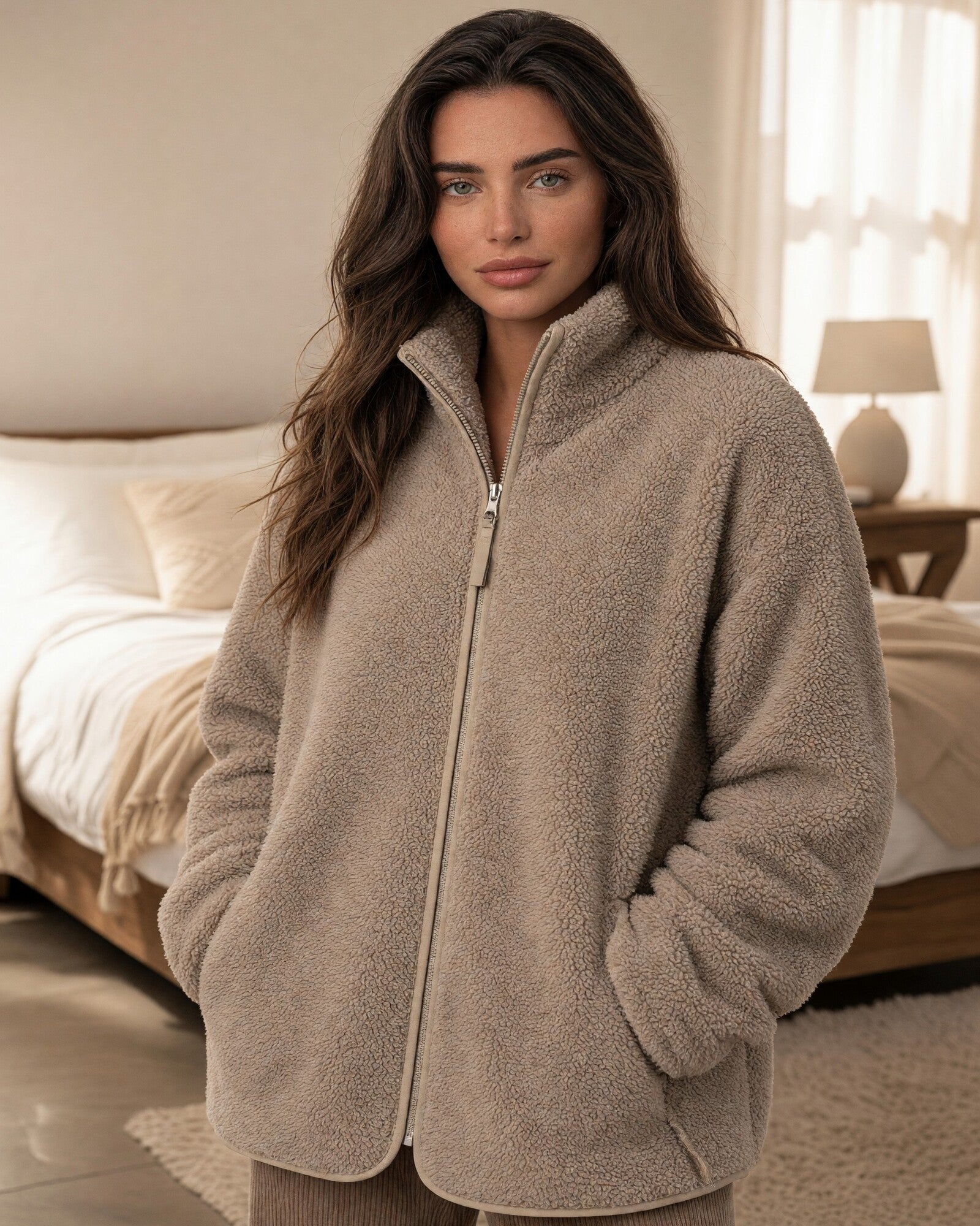 Vestaglia donna Admas effetto sherpa indossata in camera da letto, con zip frontale, collo alto e mani nelle tasche