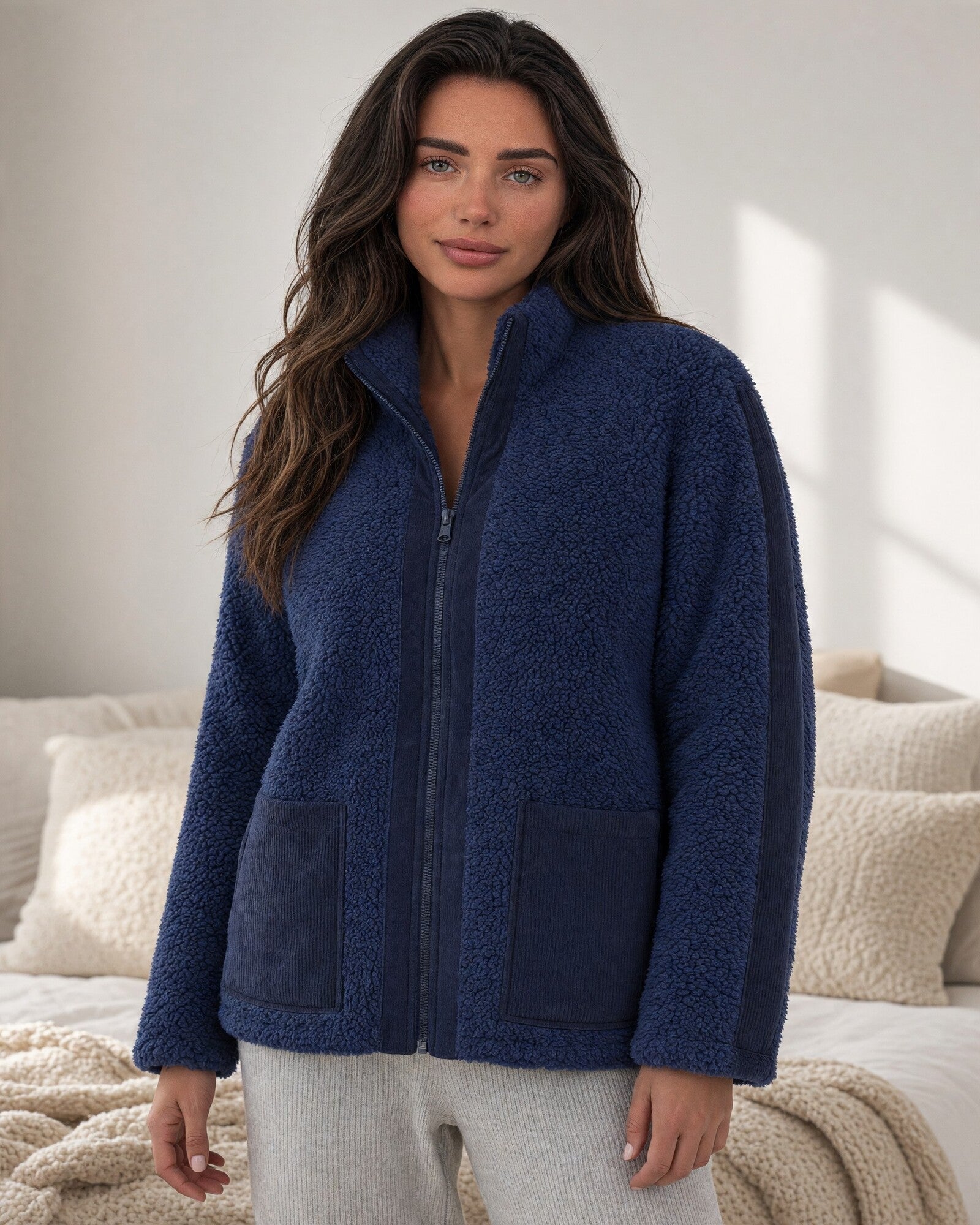 Vestaglia donna Admas 67390 blu effetto sherpa indossata, con zip frontale e due tasche applicate a costine