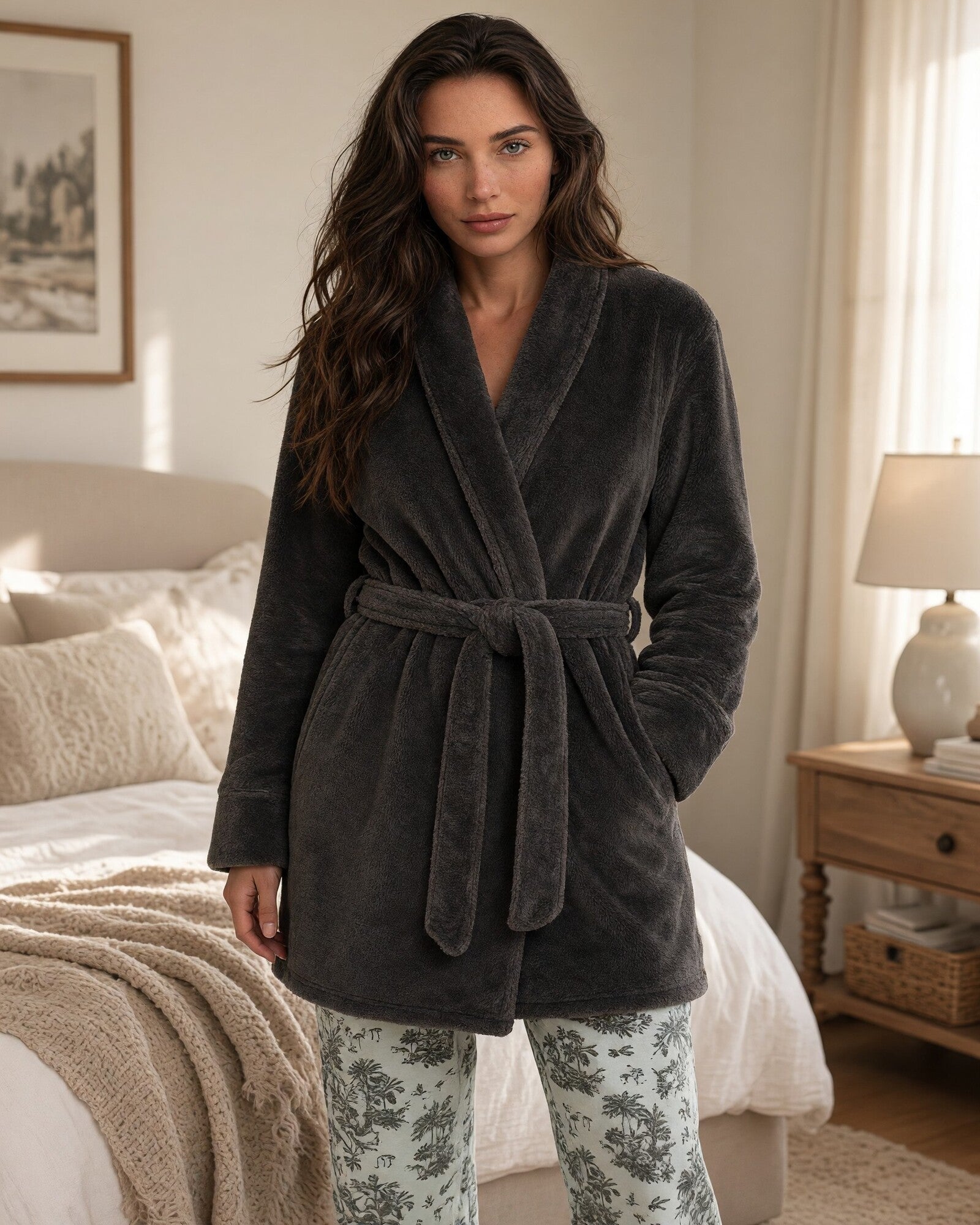 Vestaglia donna Admas 67406 grigia indossata, con cintura annodata in vita e mano nella tasca laterale