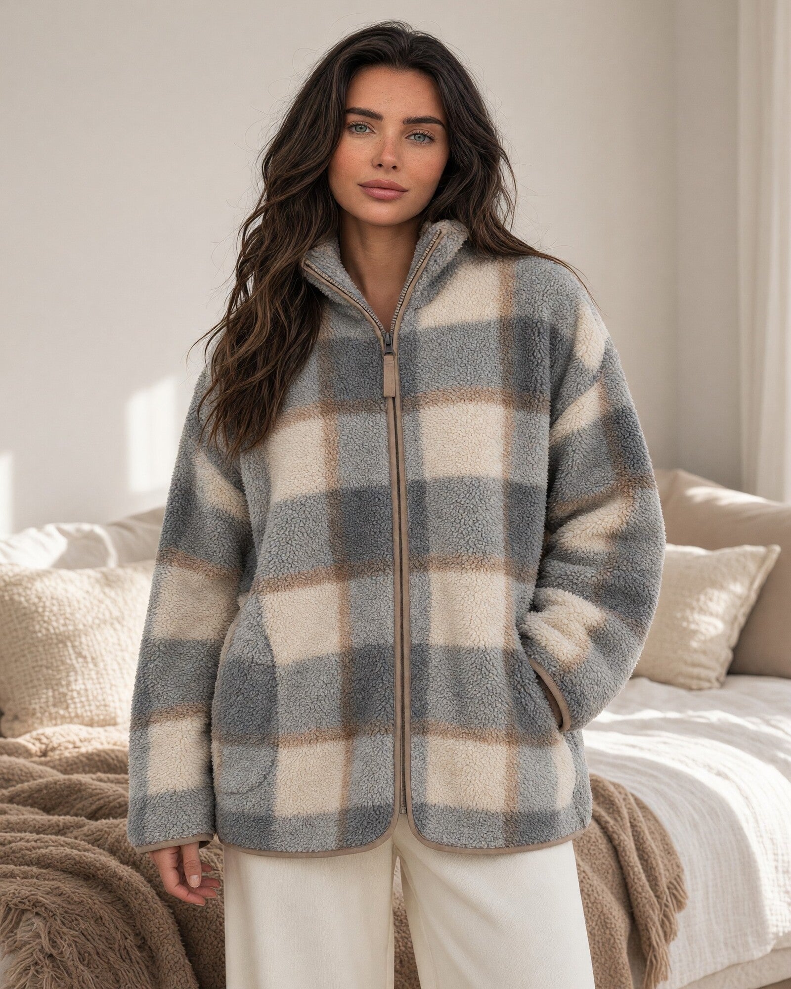 Vestaglia donna Admas a quadri ecrù, grigi e beige, indossata con zip frontale e mano nella tasca laterale