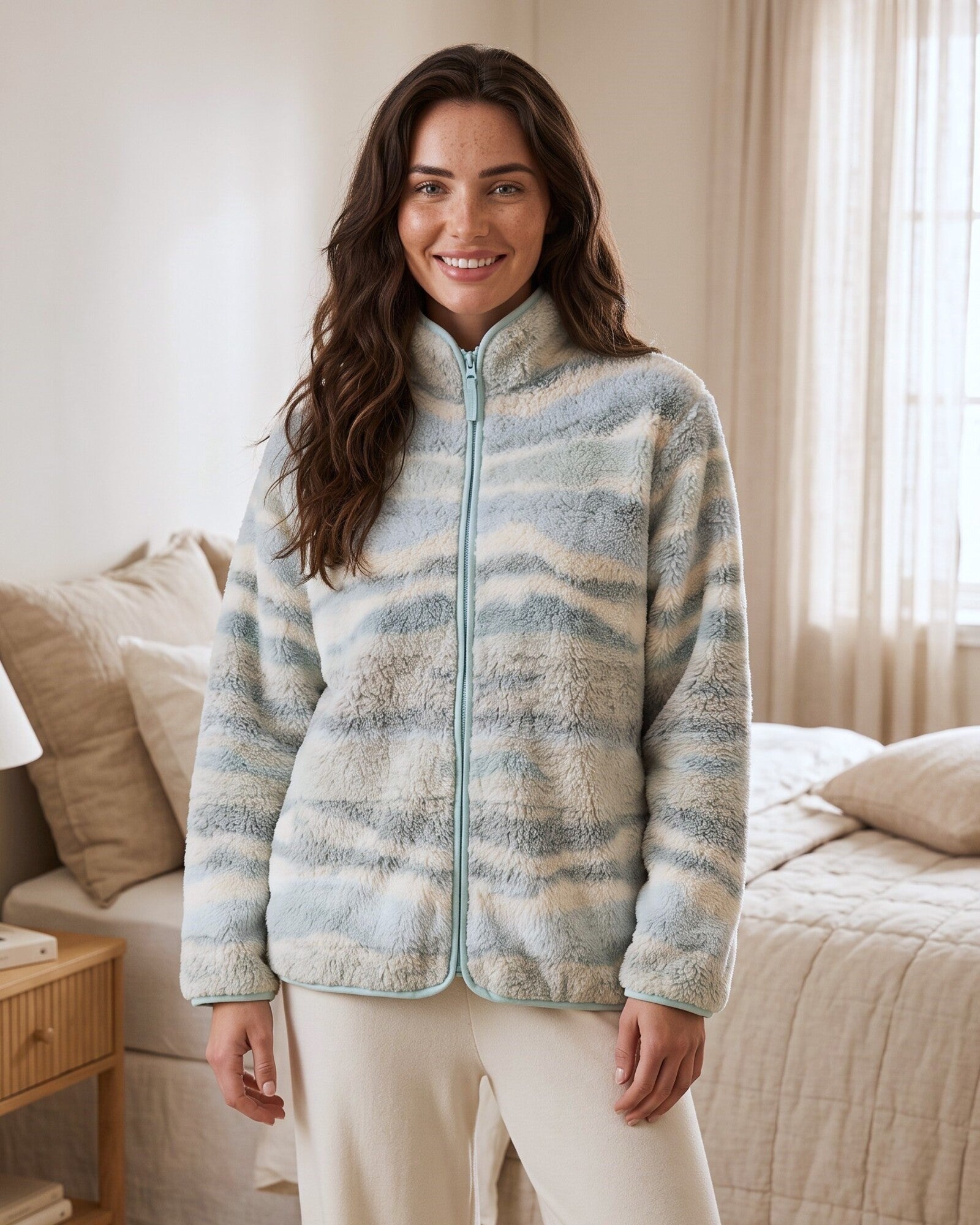 Vestaglia donna Admas 67414 indossata, in pile sherpa a righe ondulate color acqua e tonalità chiare, con zip frontale