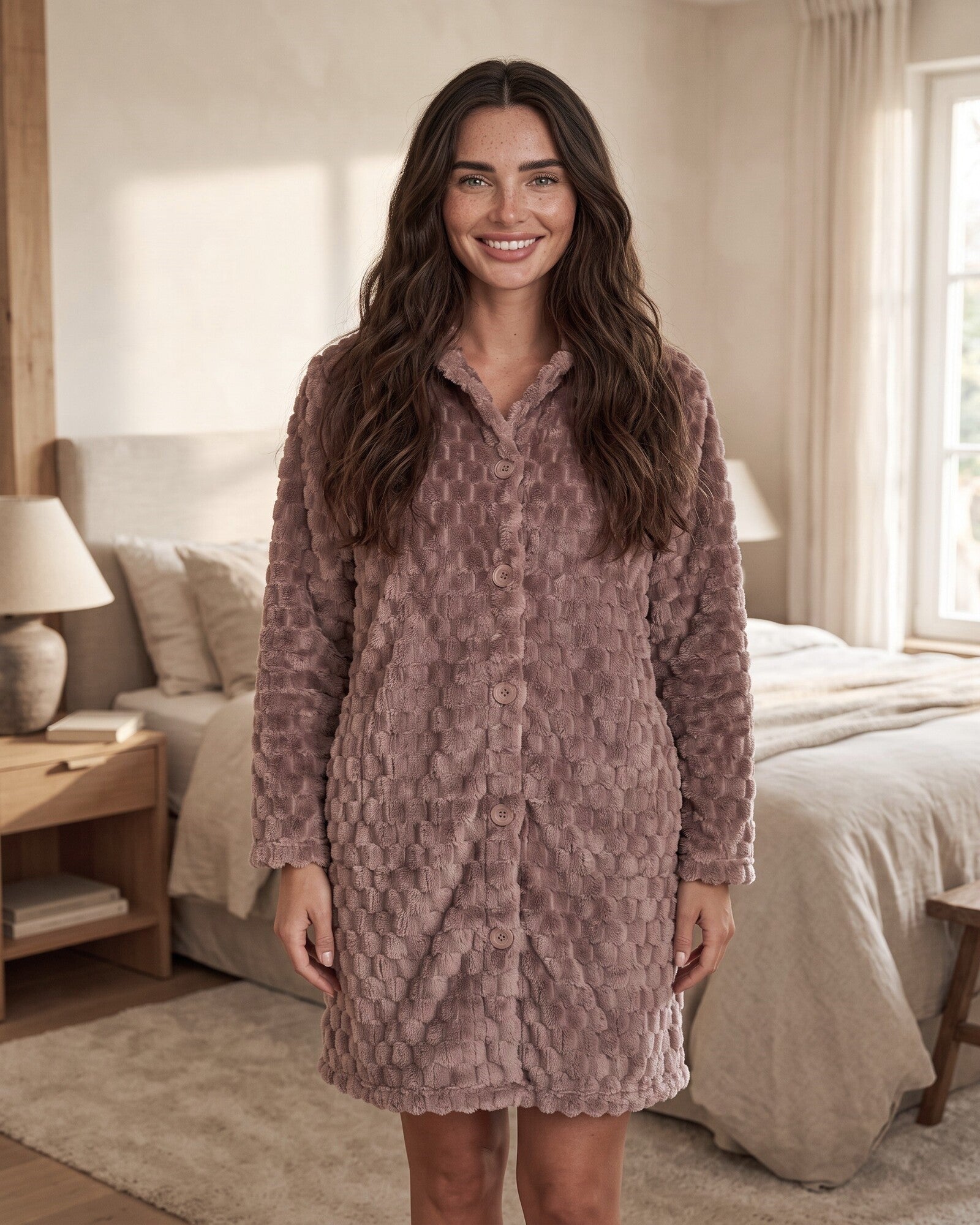 Vestaglia donna Admas in coral fleece Moka con bottoni Art. 67155