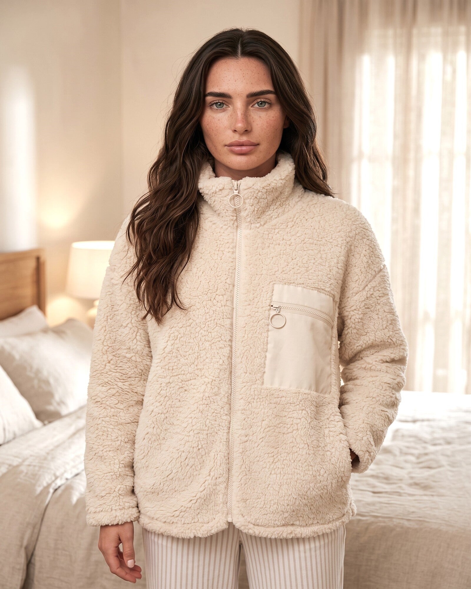 Vestaglia donna Admas in pile sherpa beige con zip Art. 57541