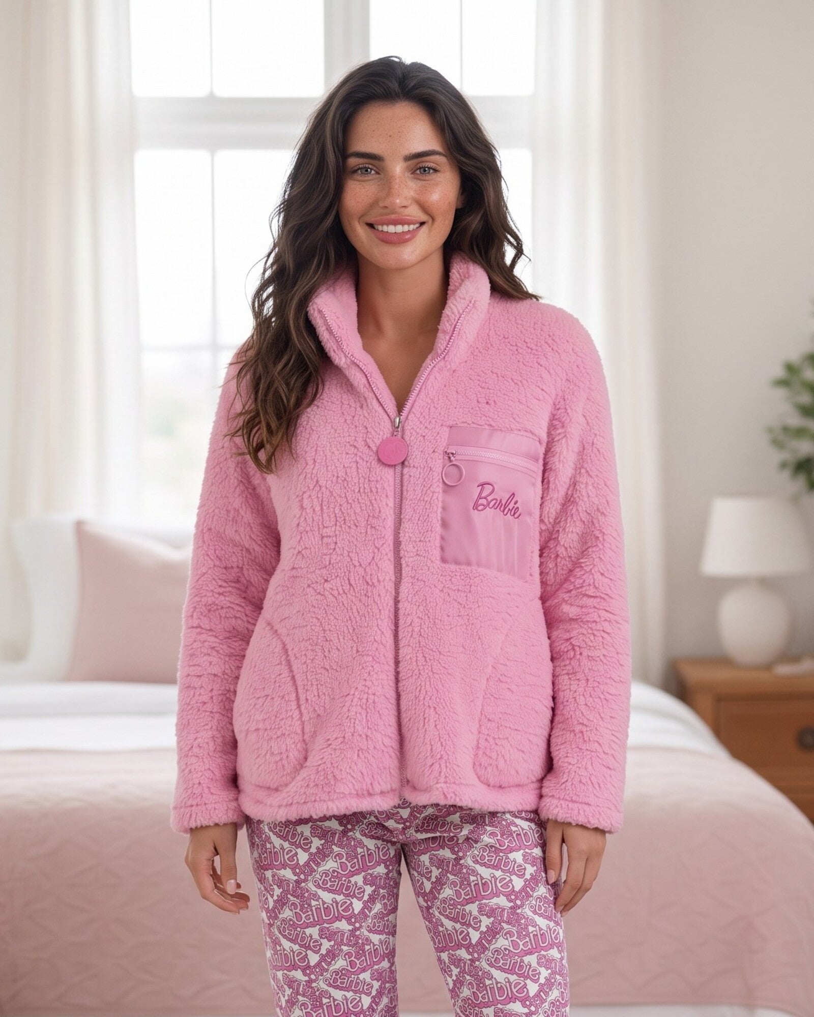 Vestaglia donna Barbie Art. 67210 in coral fleece rosa con zip frontale e tasche