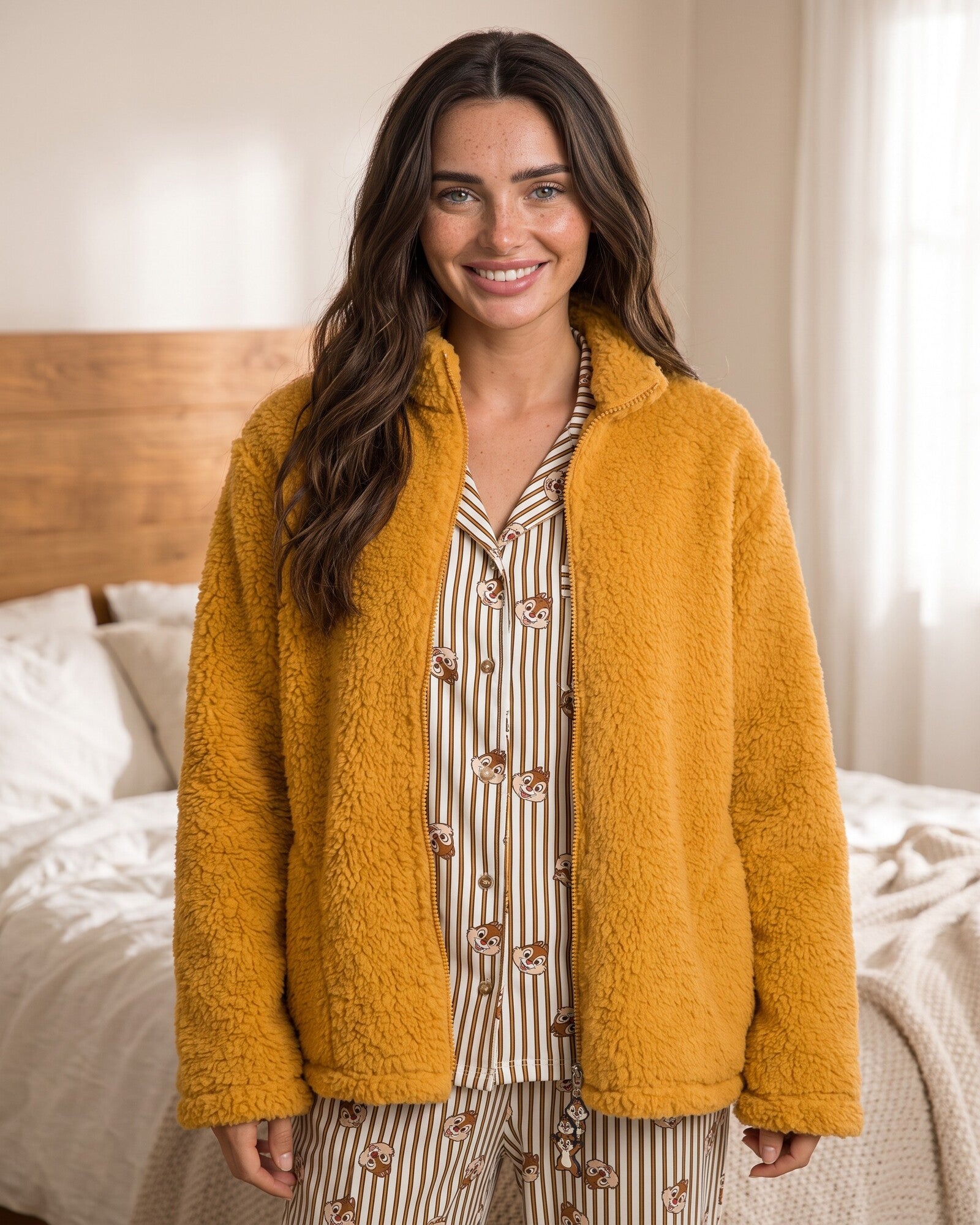 Vestaglia donna Disney Cip e Ciop in pile sherpa mostarda Art. 67366