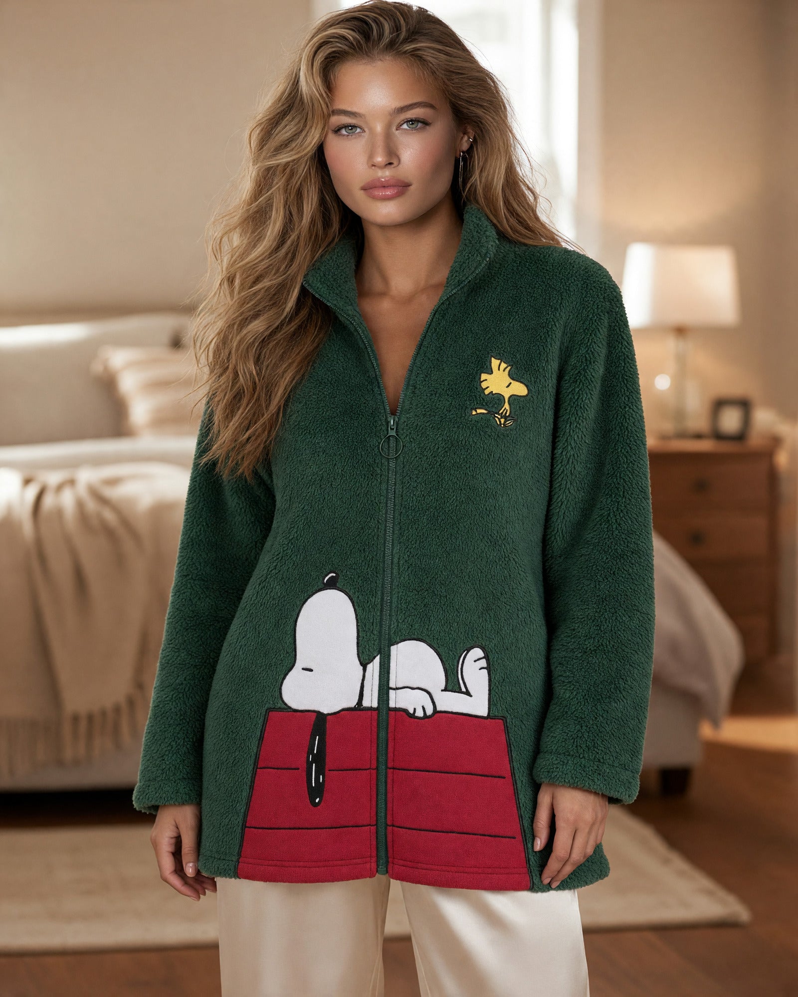 Vestaglia donna Peanuts 67271 verde indossata, con zip, Woodstock sul petto e Snoopy sulla cuccia rossa