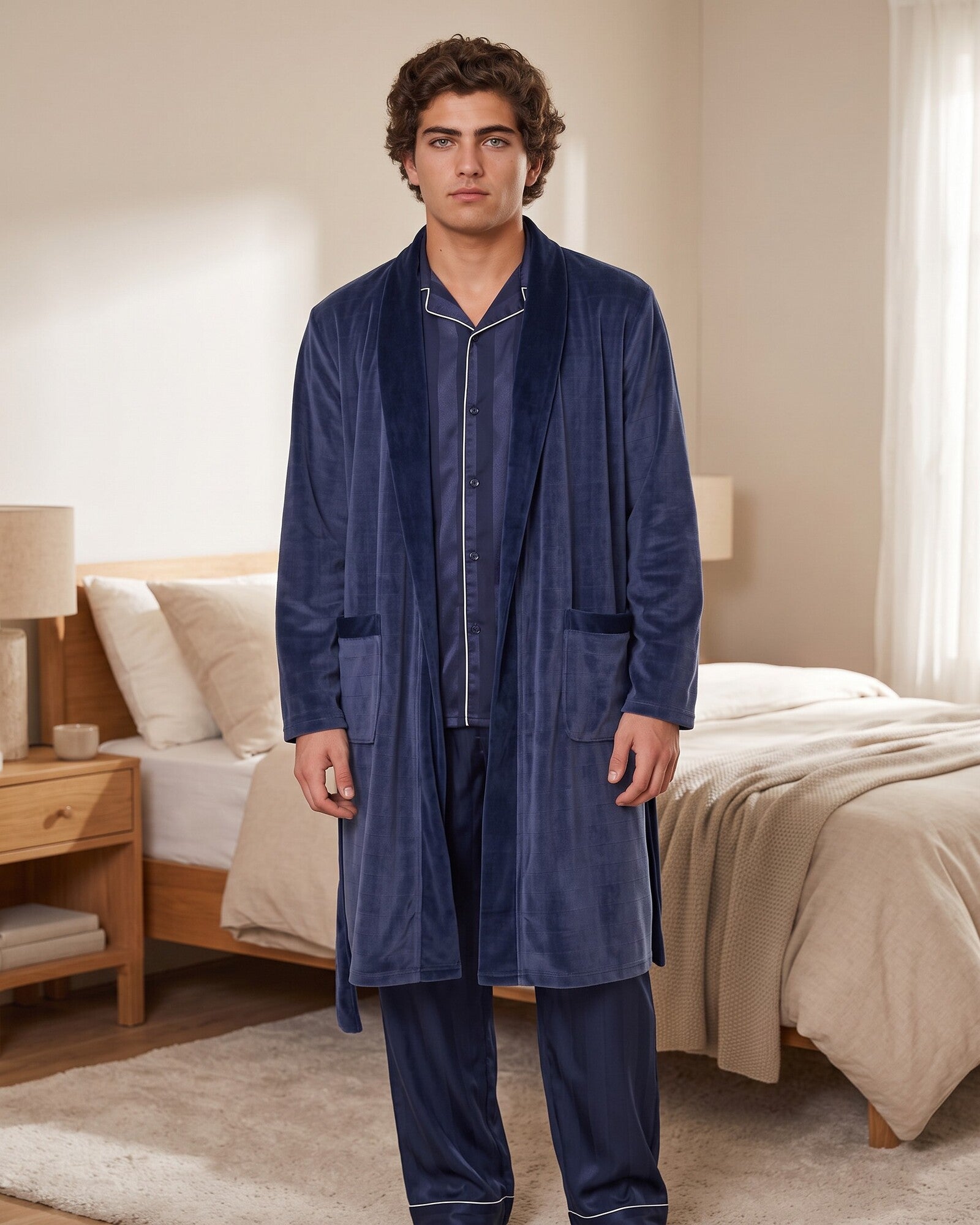 Vestaglia uomo Admas in coral fleece blu marino Art. 57431 indossata frontalmente