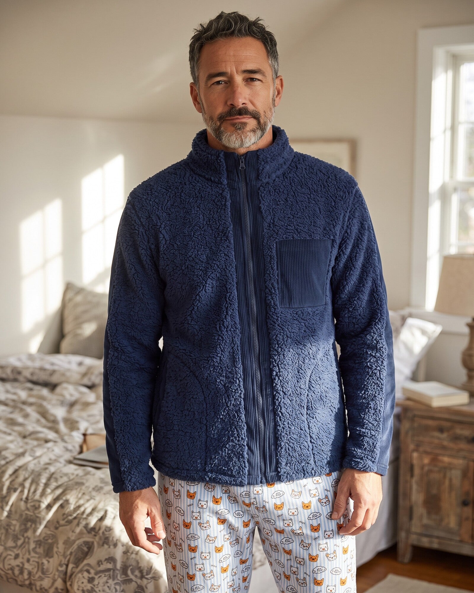 Vestaglia uomo Admas in pile sherpa blu con zip e tasche Art. 67428