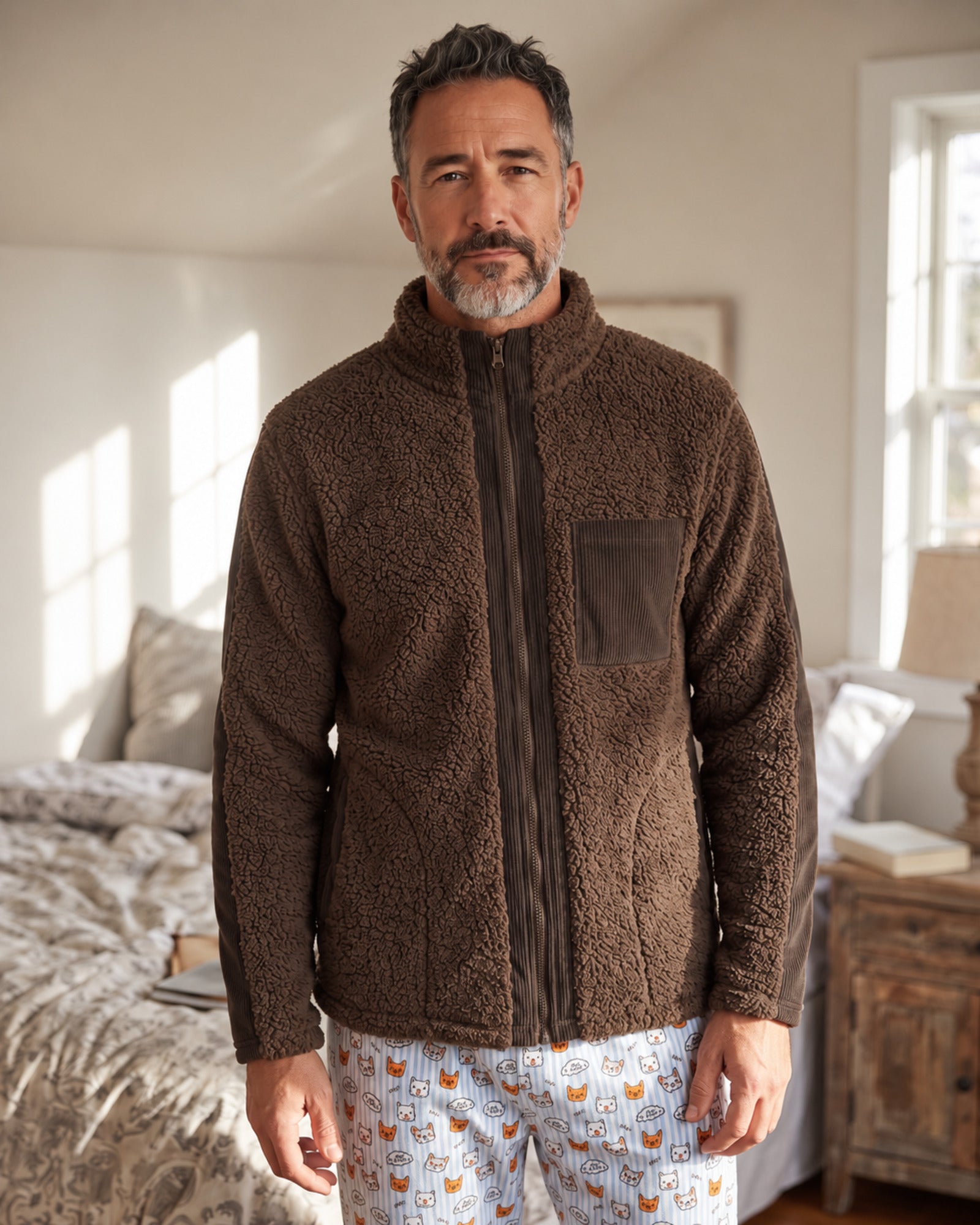 Vestaglia uomo Admas in pile sherpa marrone con zip e tasche Art. 67428