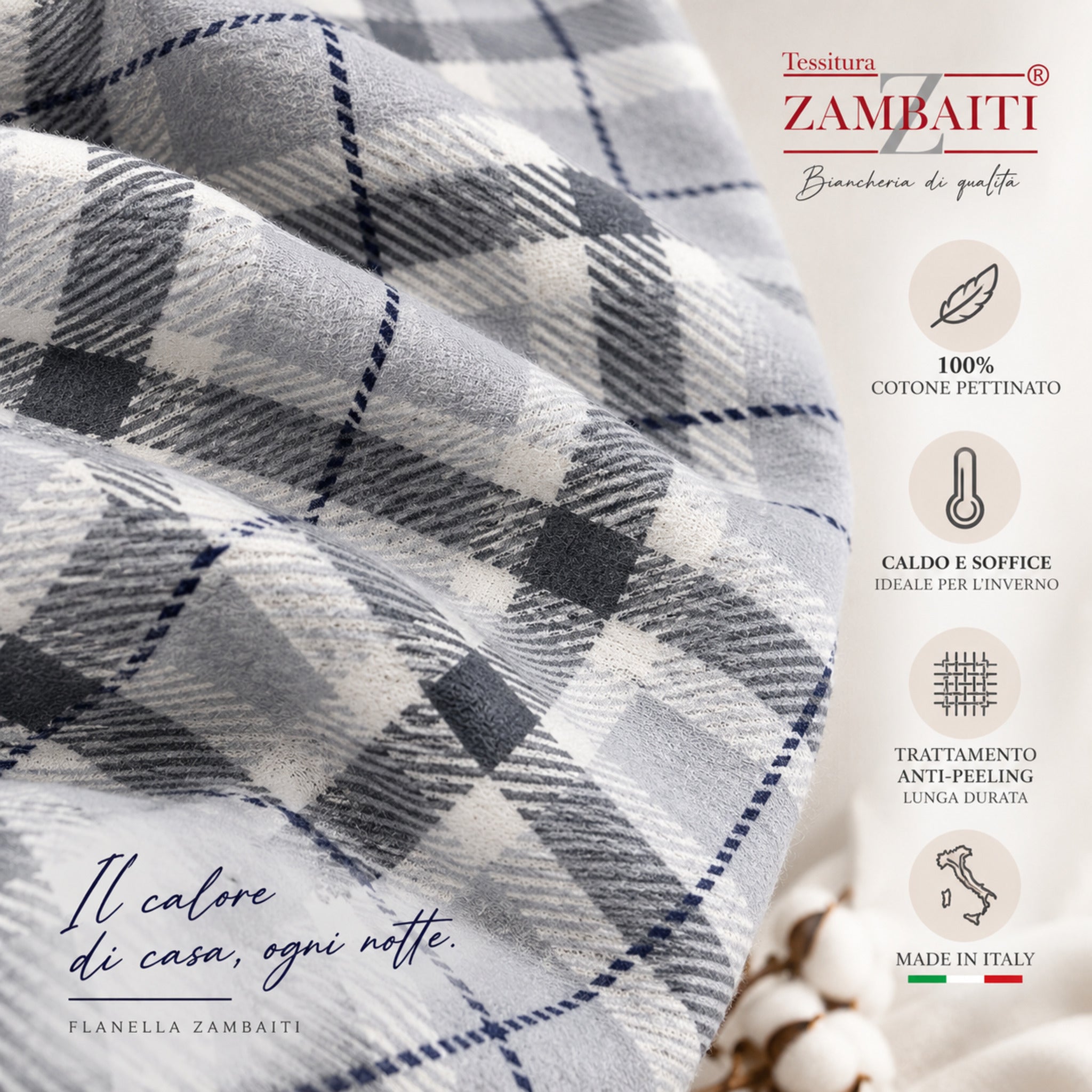 Dettaglio flanella Zambaiti Check ghiaccio 100% cotone pettinato anti-peeling