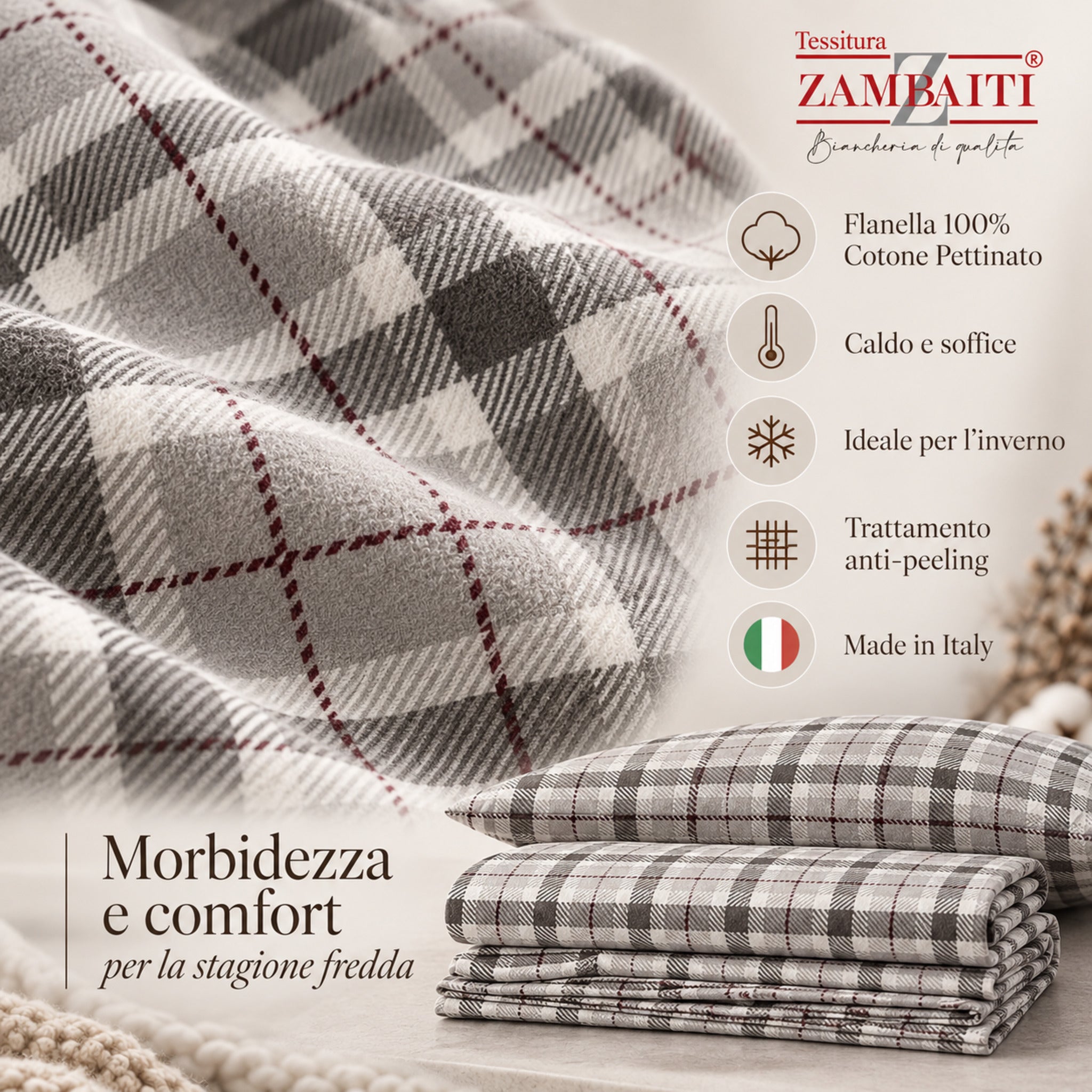 Dettaglio fantasia a quadri Zambaiti Check tortora in flanella 100% cotone