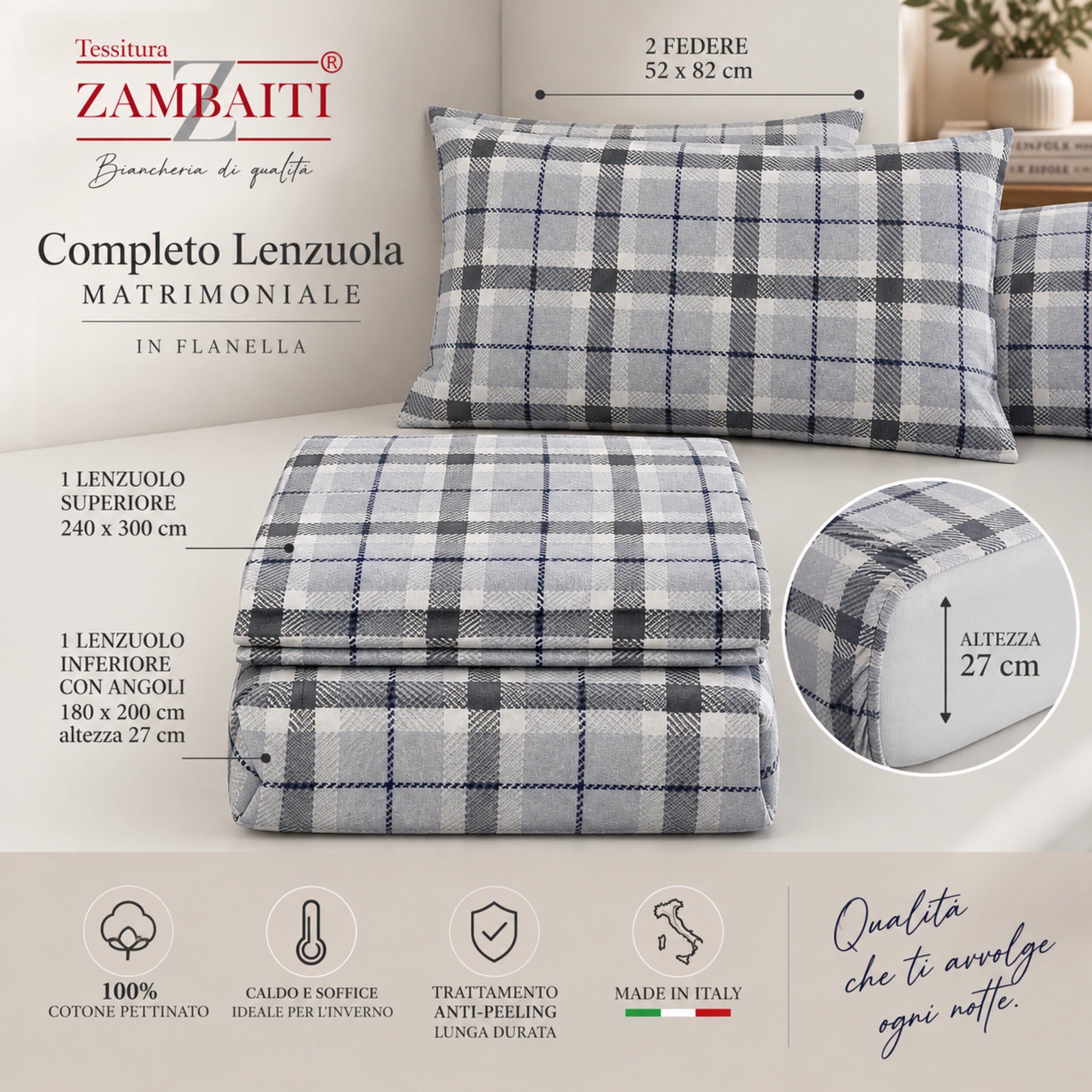 Misure completo Zambaiti Check ghiaccio con lenzuolo 240x300 sotto 180x200 e federe 52x82