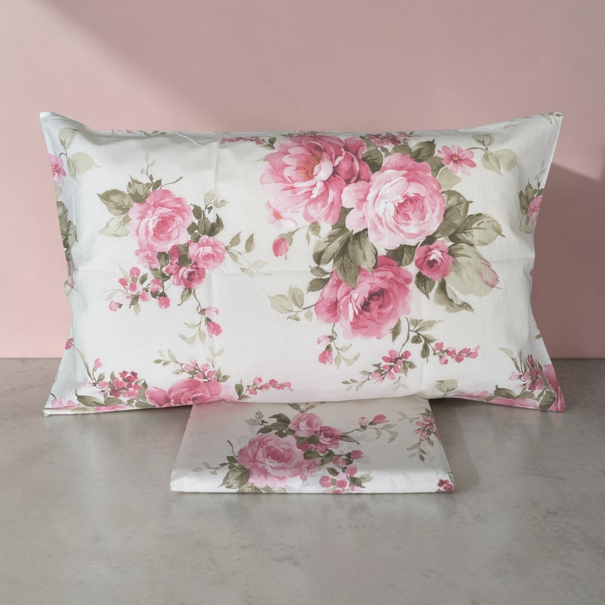 Federa double face Zambaiti Heavy in cotone panna con fantasia floreale di rose rosa