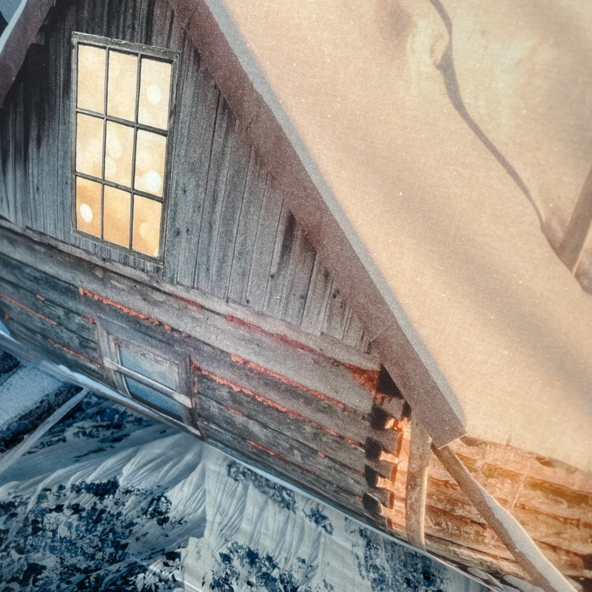 Dettaglio stampa digitale HD dello chalet innevato sul copripiumino Zambaiti Malgat