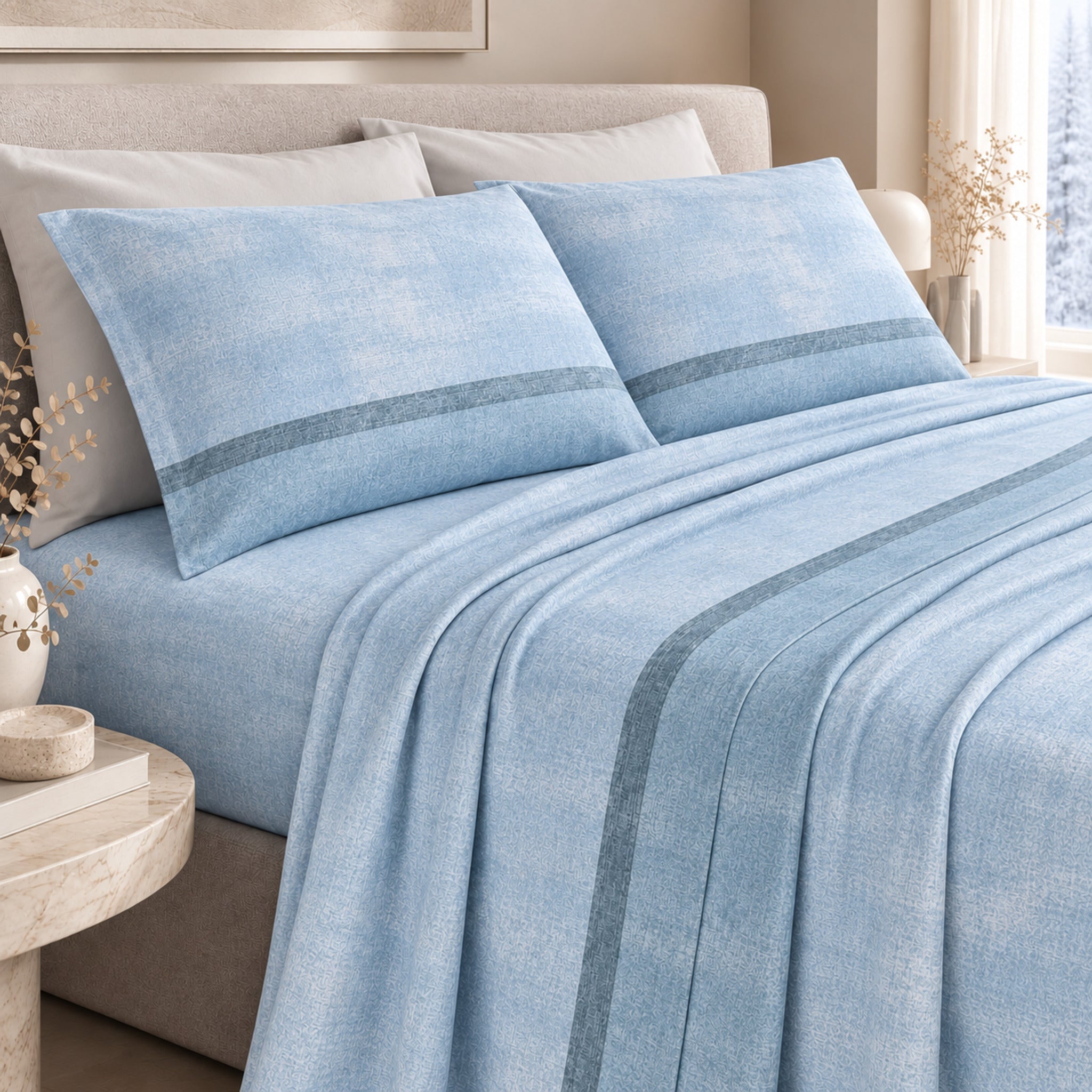Completo lenzuola matrimoniale Zambaiti Plain in flanella 100% cotone colore avio
