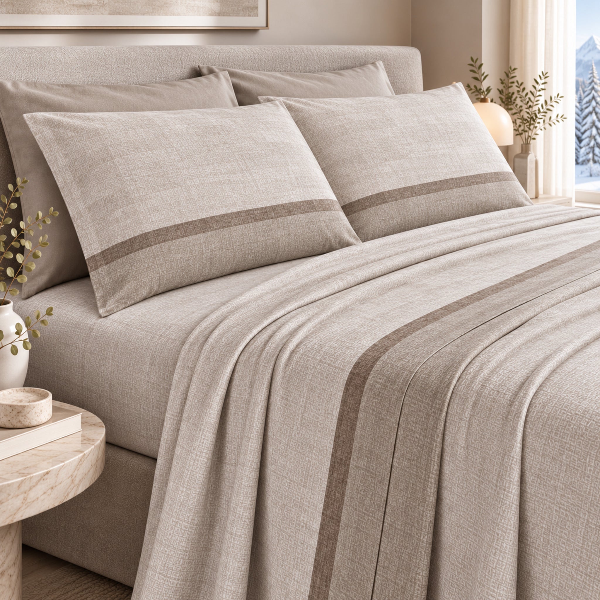 Completo lenzuola matrimoniale Zambaiti Plain flanella 100% cotone colore tortora