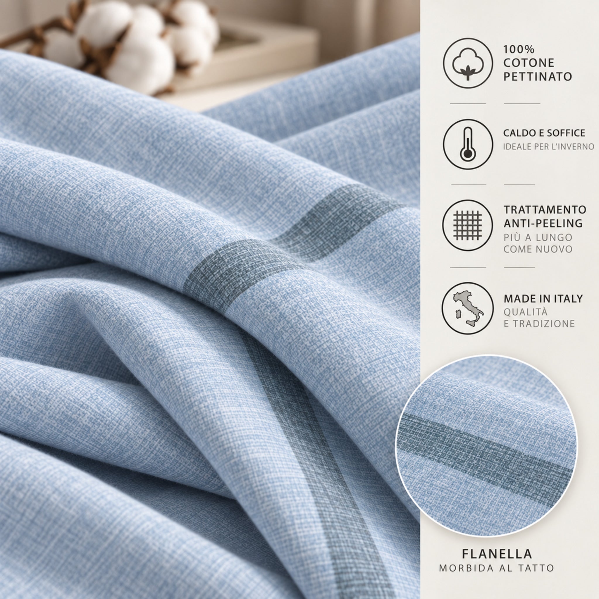 Dettaglio flanella Zambaiti Plain avio 100% cotone pettinato con trattamento anti-peeling