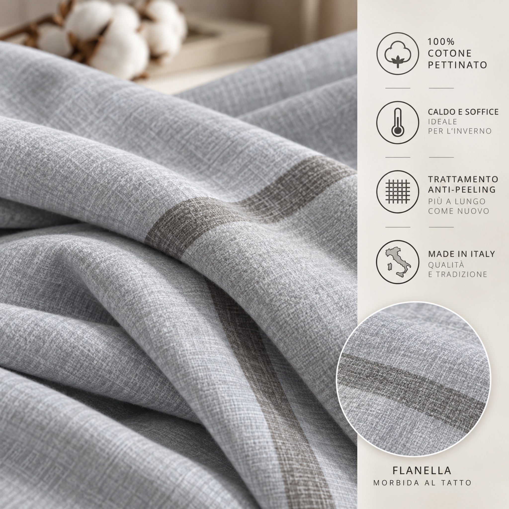 Dettaglio tessuto Zambaiti Plain grigio in flanella 100% cotone anti-peeling
