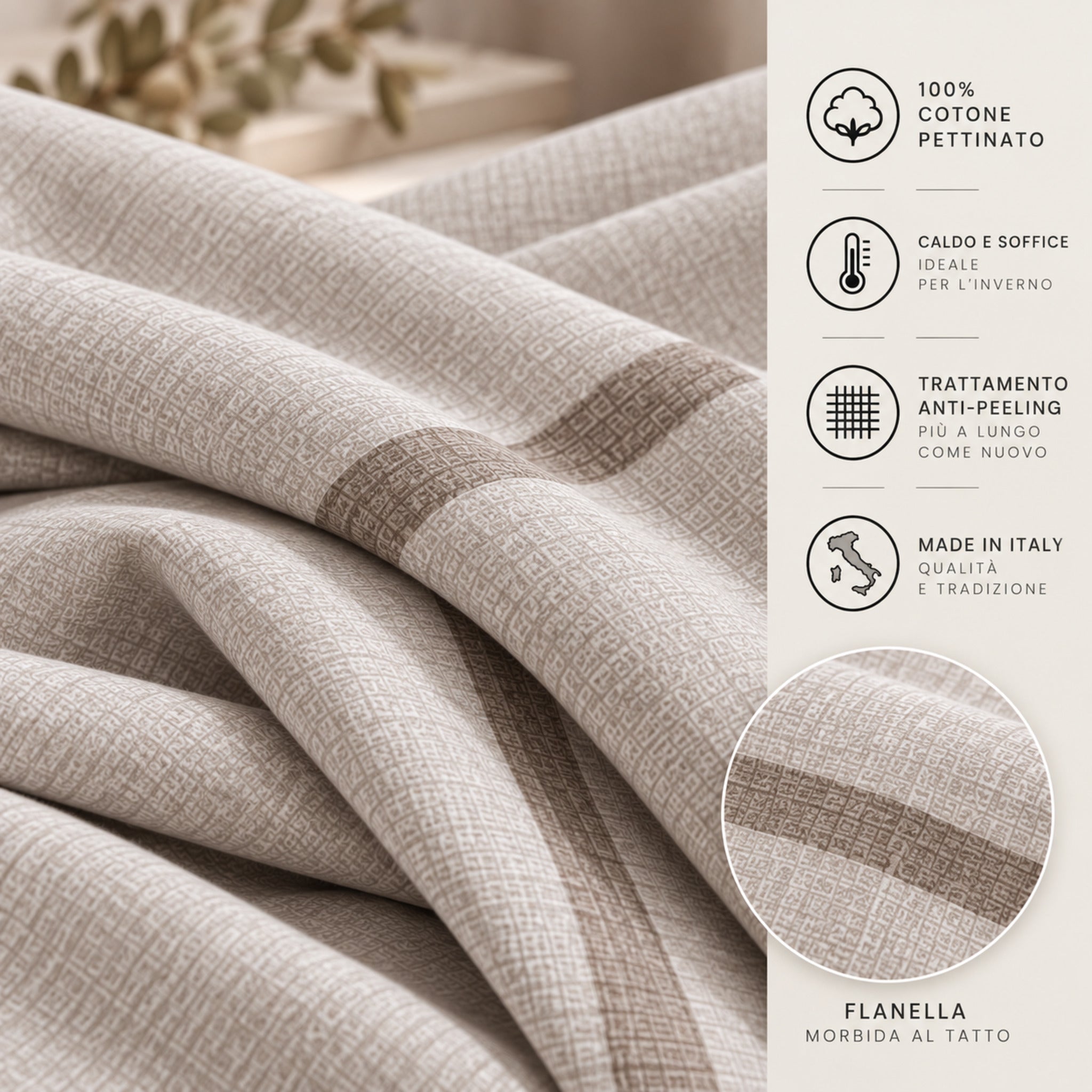 Dettaglio flanella Zambaiti Plain tortora 100% cotone pettinato anti-peeling