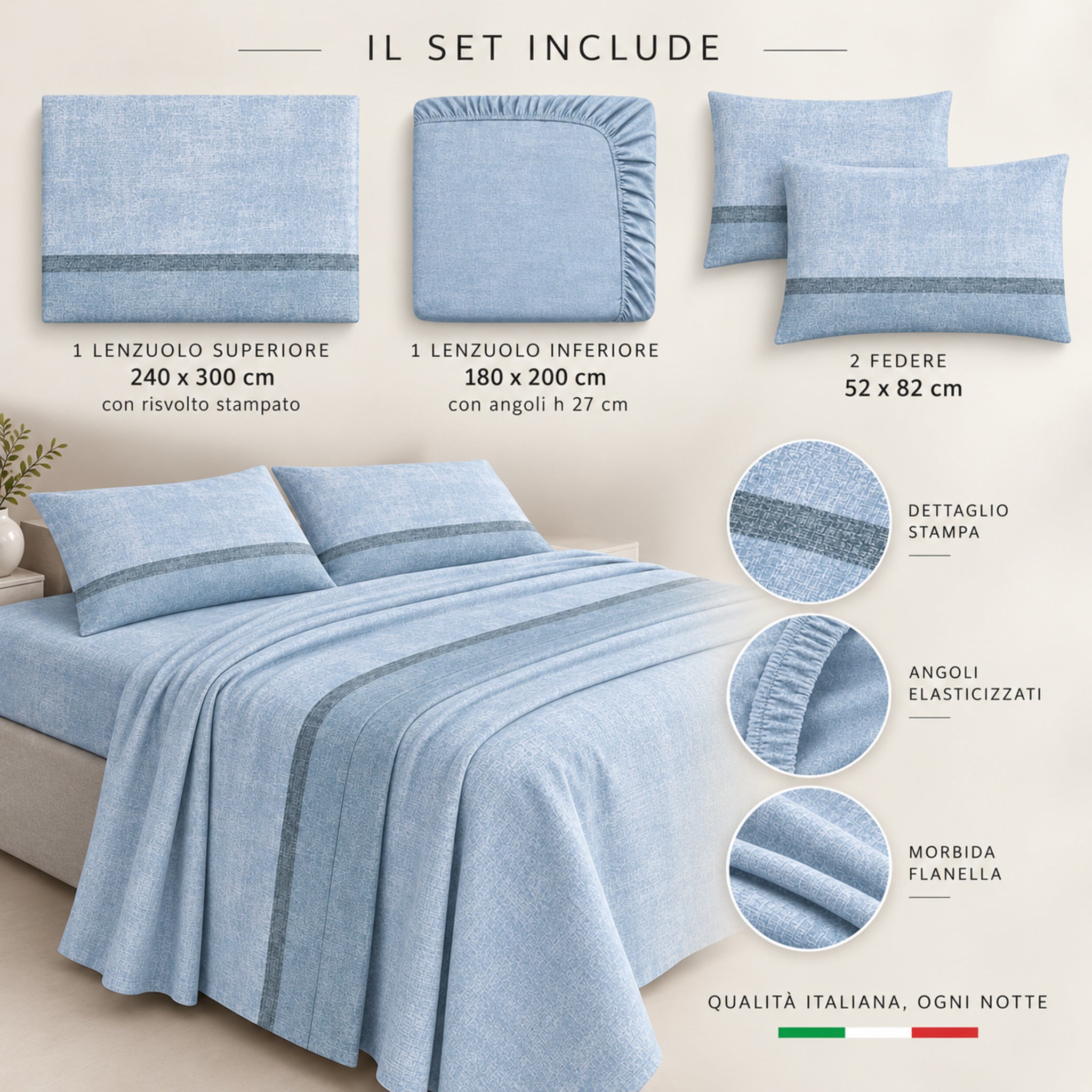 Set 4 pezzi Zambaiti Plain avio con lenzuolo superiore inferiore e due federe