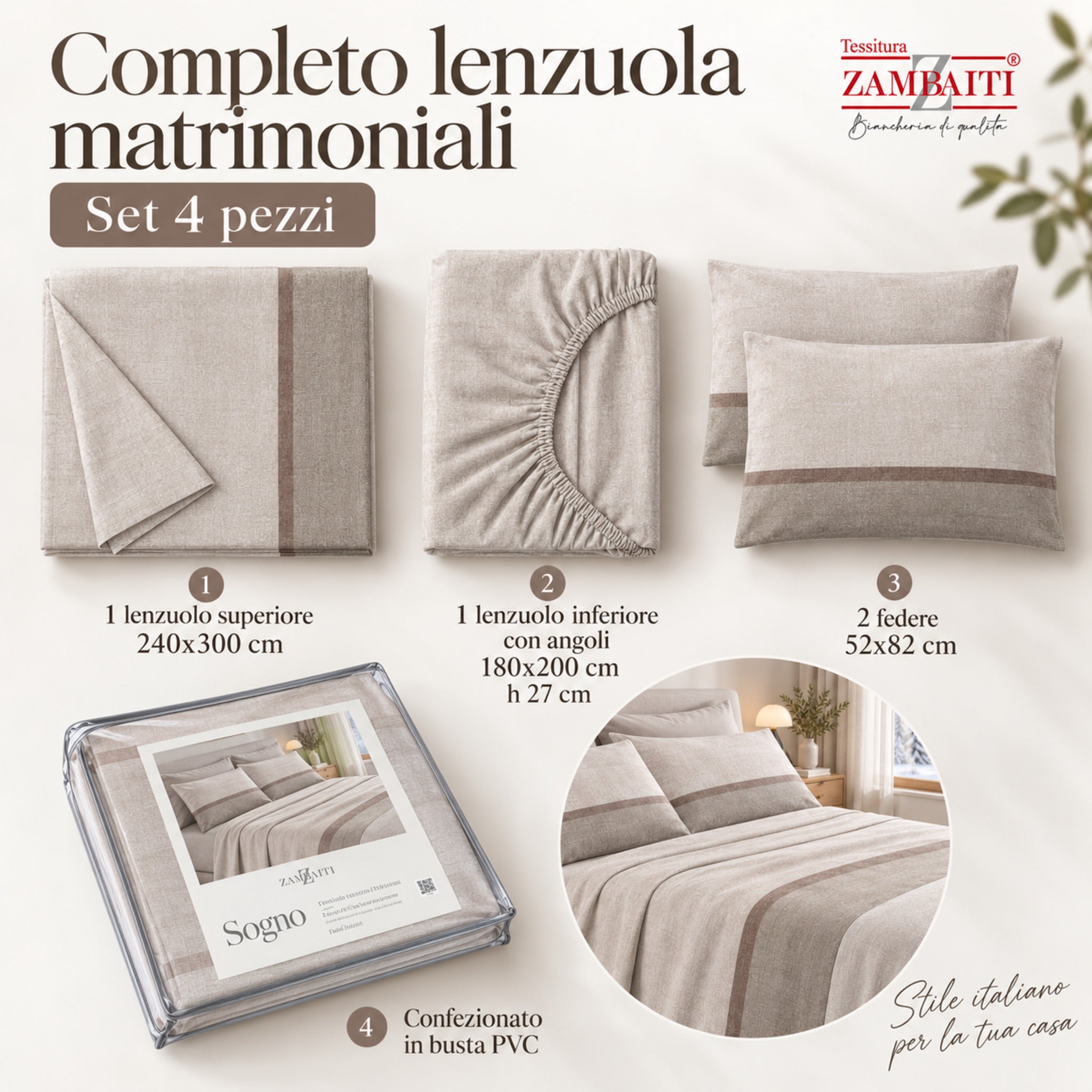 Set matrimoniale Zambaiti Plain tortora con lenzuolo sopra sotto e due federe