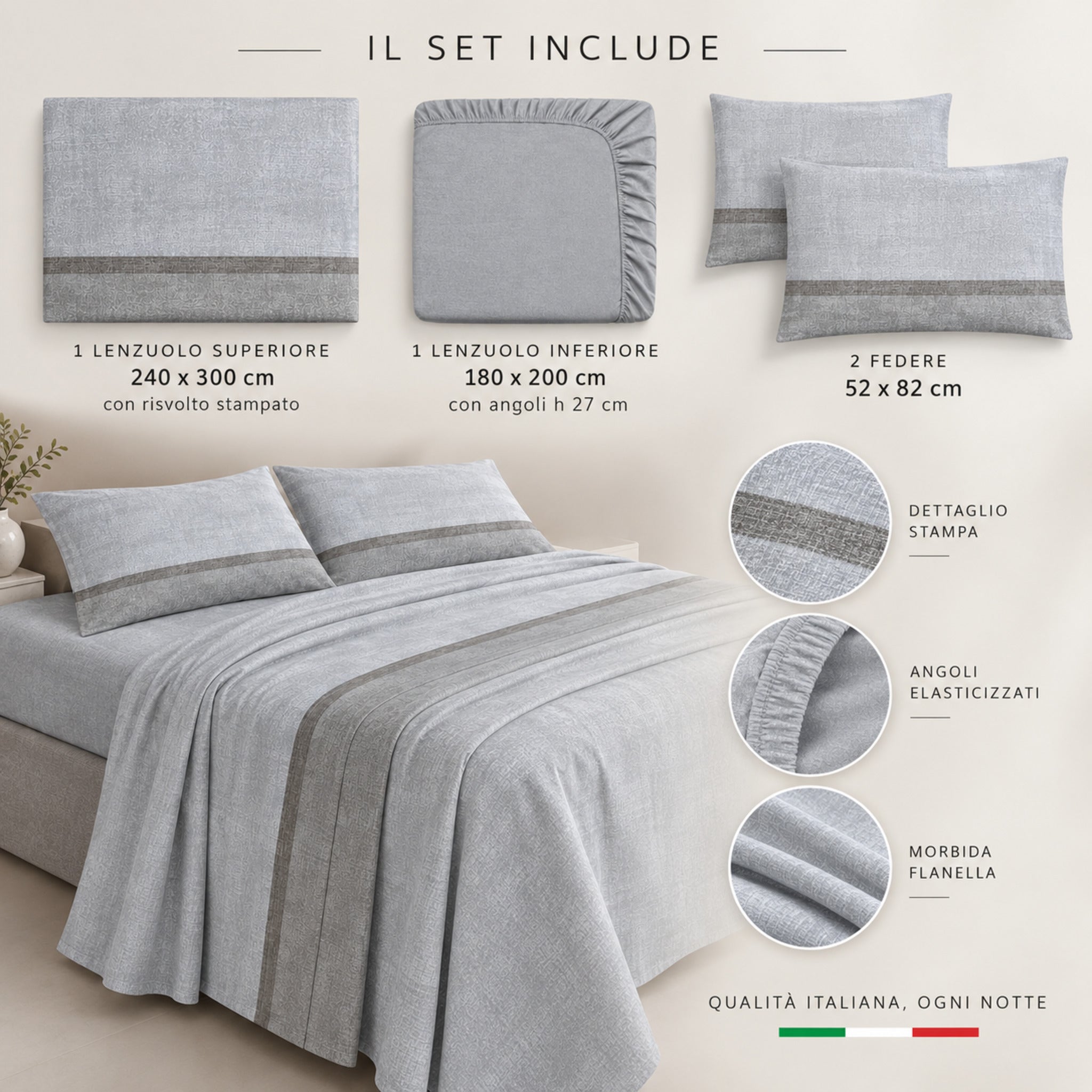 Completo matrimoniale Zambaiti Plain grigio set 4 pezzi in flanella