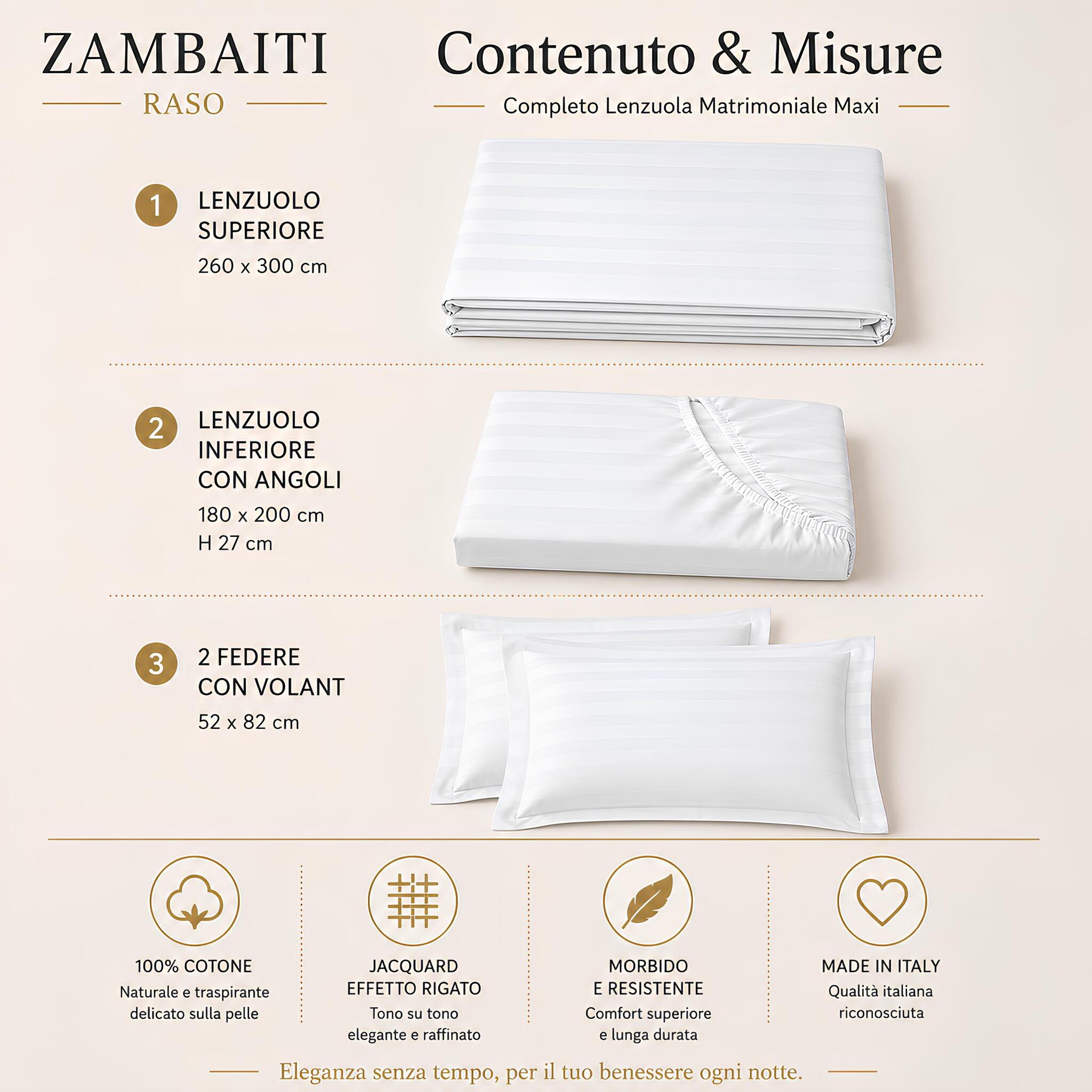 Misure completo lenzuola matrimoniale Maxi Zambaiti Raso bianco con lenzuola e due federe