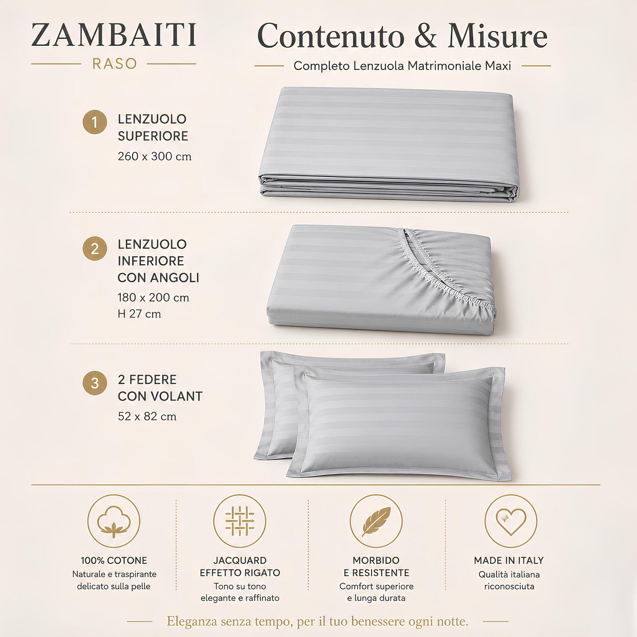 Contenuto e misure del completo matrimoniale Maxi Zambaiti Raso color ghiaccio