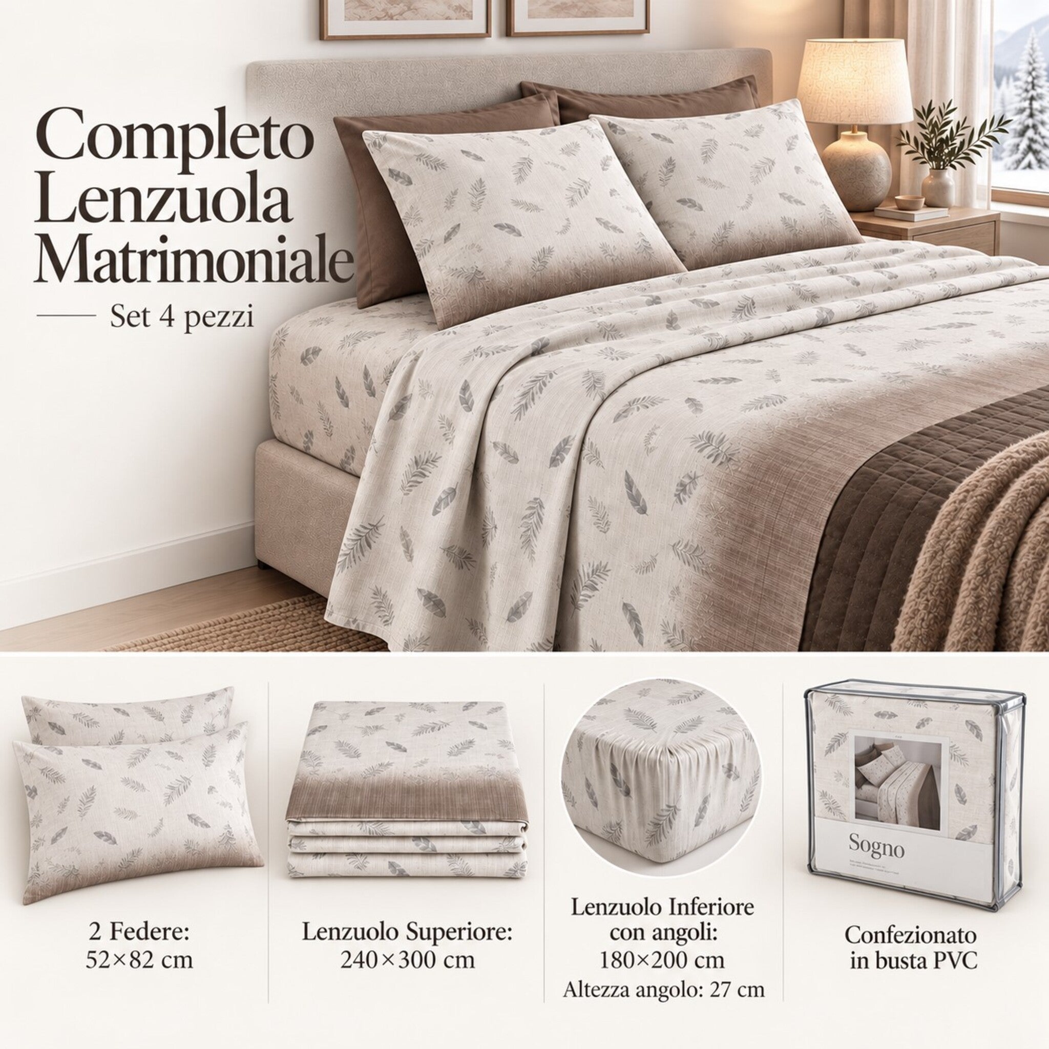 Completo Zambaiti Sogno set 4 pezzi con lenzuolo 240x300, sotto 180x200 e federe 52x82