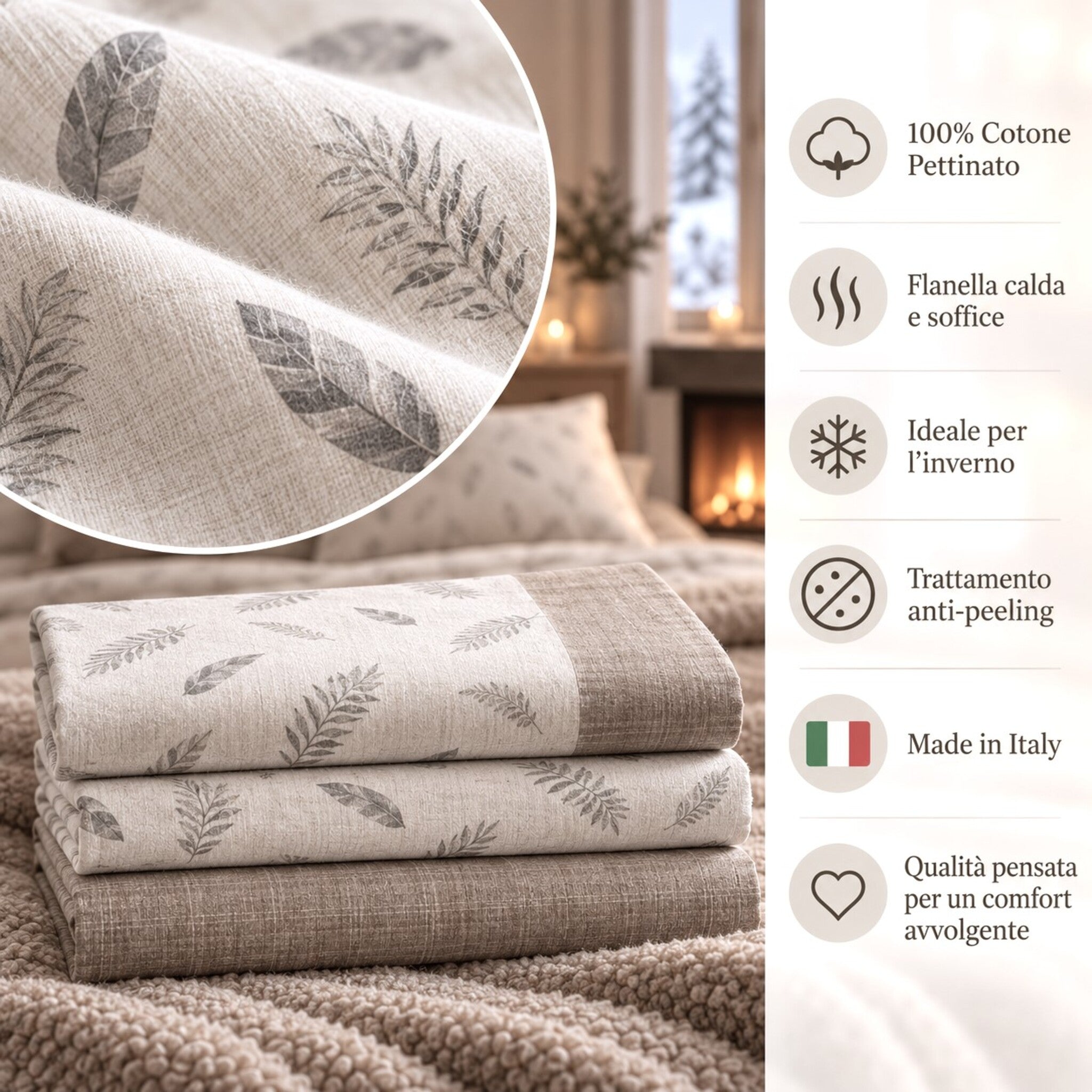 Dettaglio flanella Zambaiti Sogno 100% cotone pettinato con fantasia foglie tortora