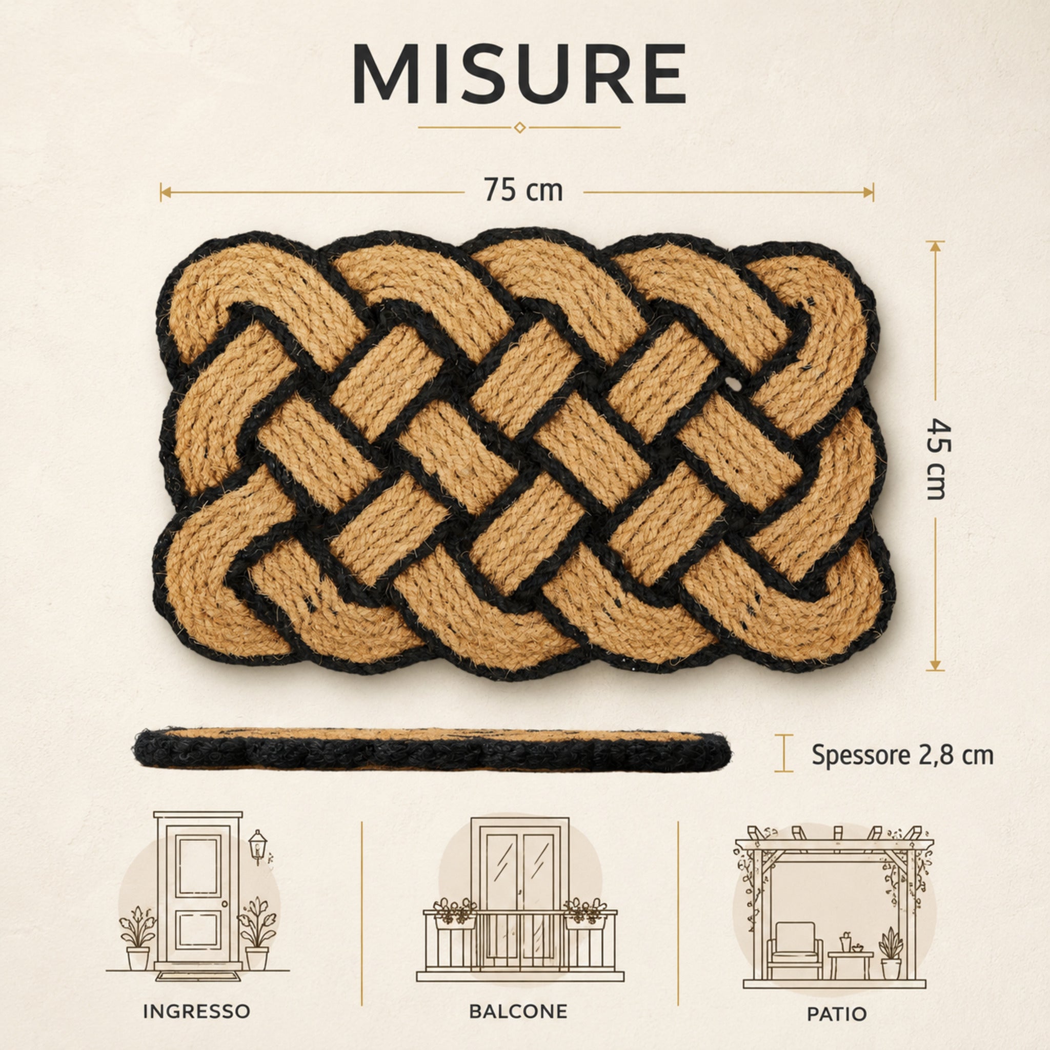 Zerbino Nature Classic 45 × 75 cm, spessore 2,8 cm, adatto a ingresso, balcone e patio