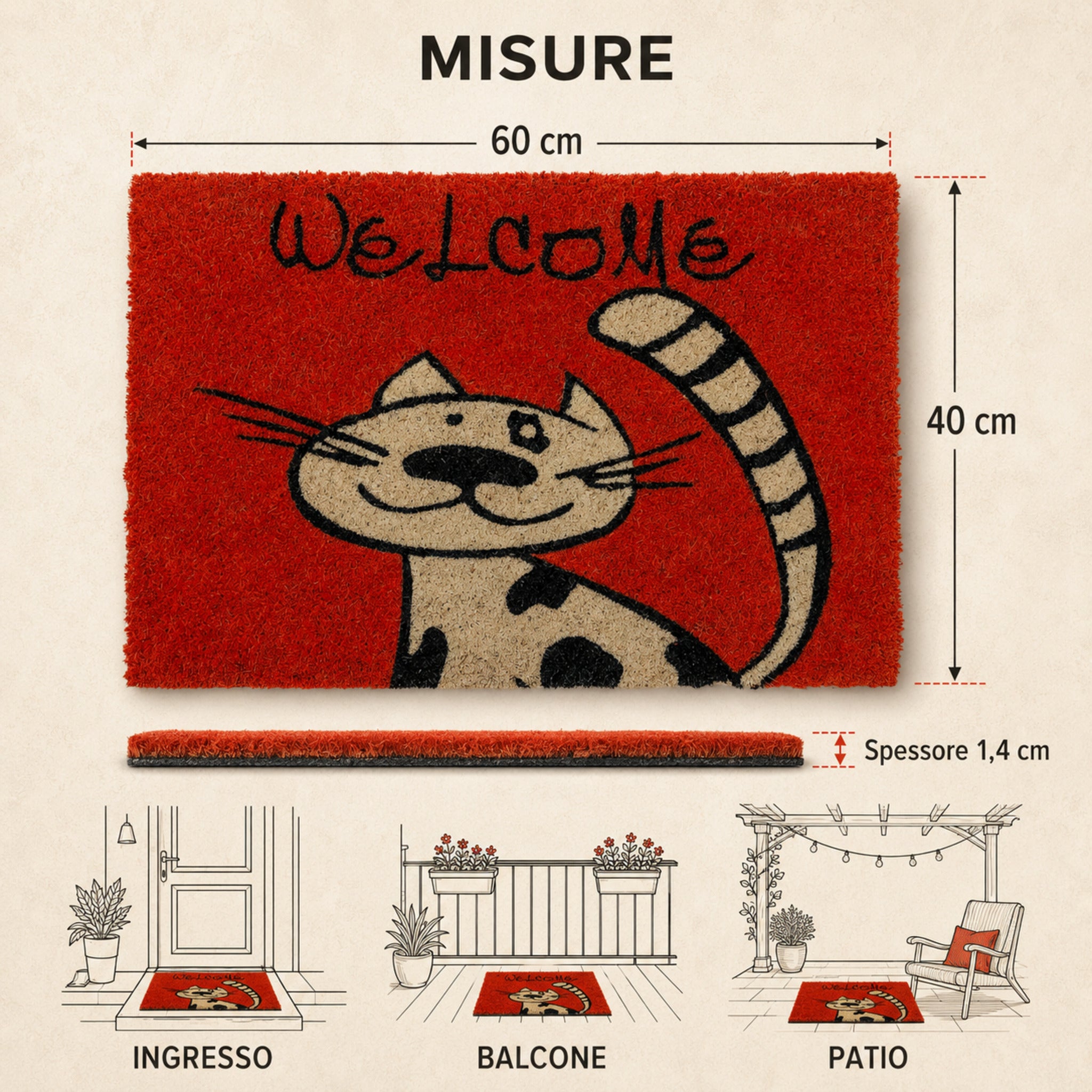 Zerbino Coco Cat con gatto 40 × 60 cm e spessore 1,4 cm per ingresso, balcone e patio