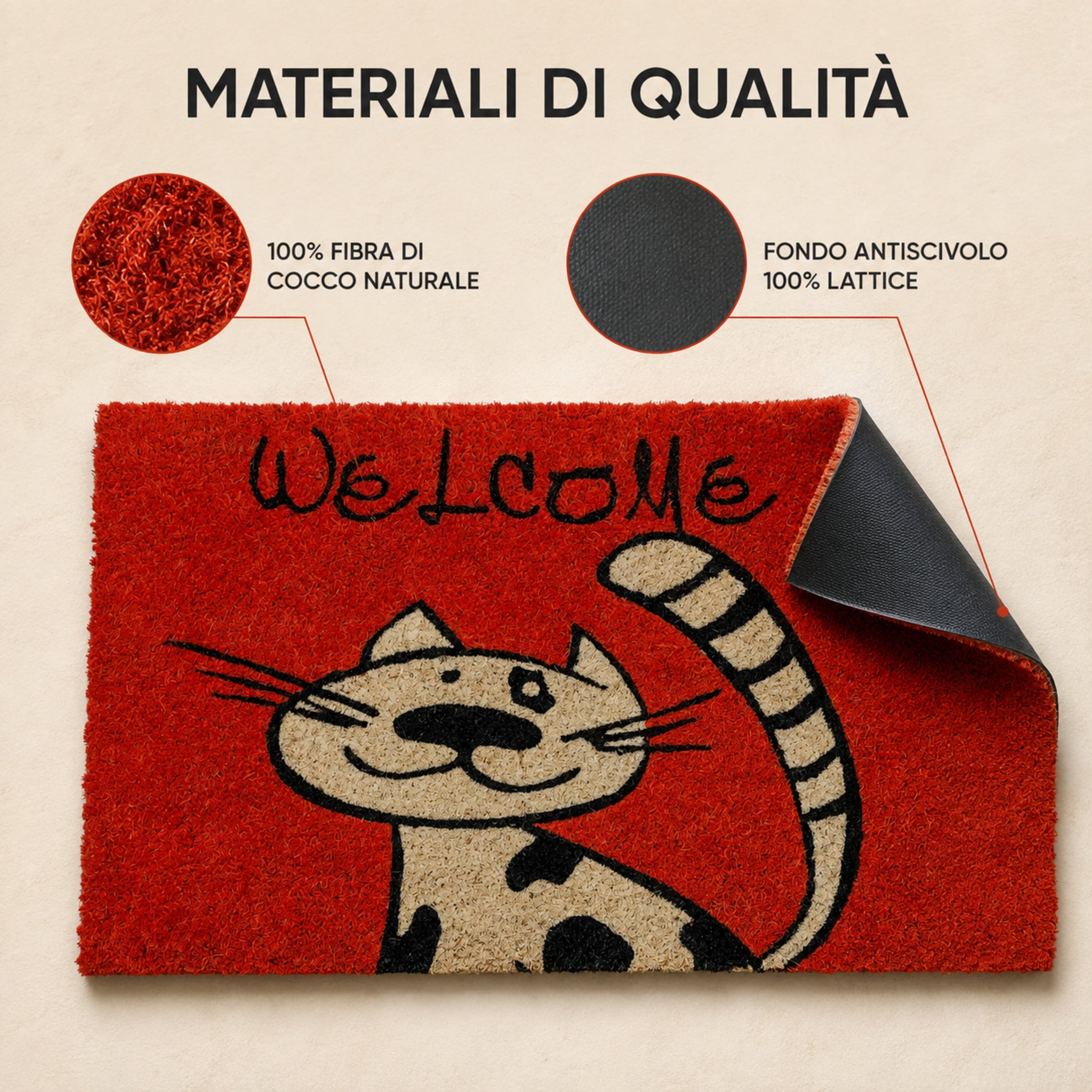 Zerbino Coco Cat in fibra di cocco naturale rossa con fondo antiscivolo 100% lattice