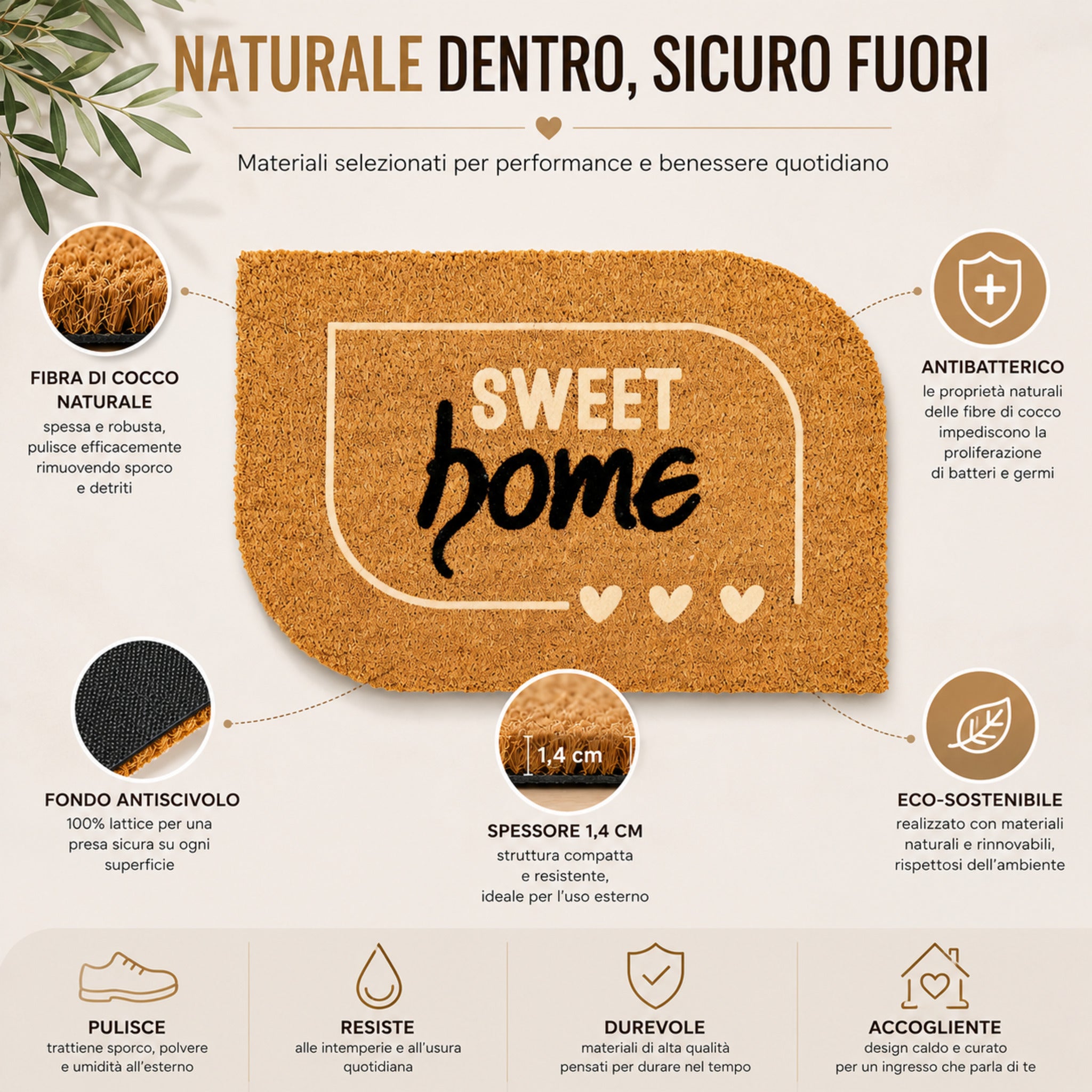 Zerbino Sweet Home Astra in fibra di cocco naturale con fondo antiscivolo e proprietà antibatteriche