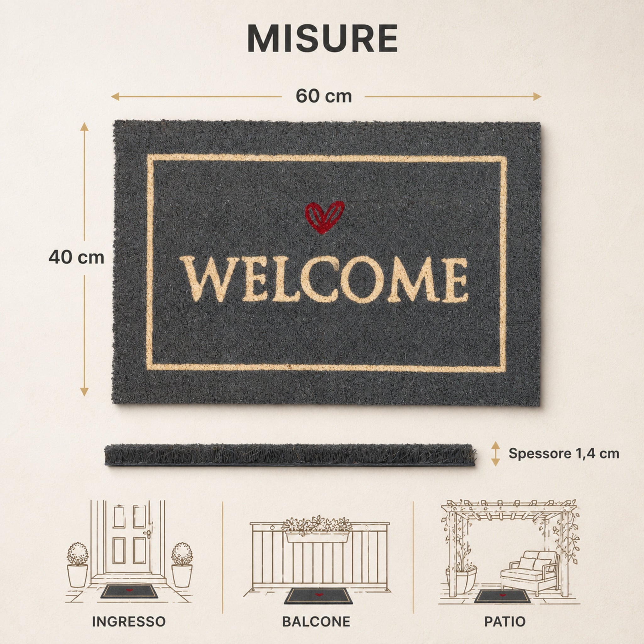 Zerbino Welcome 40 × 60 cm con spessore 1,4 cm, ideale per ingresso, balcone e patio