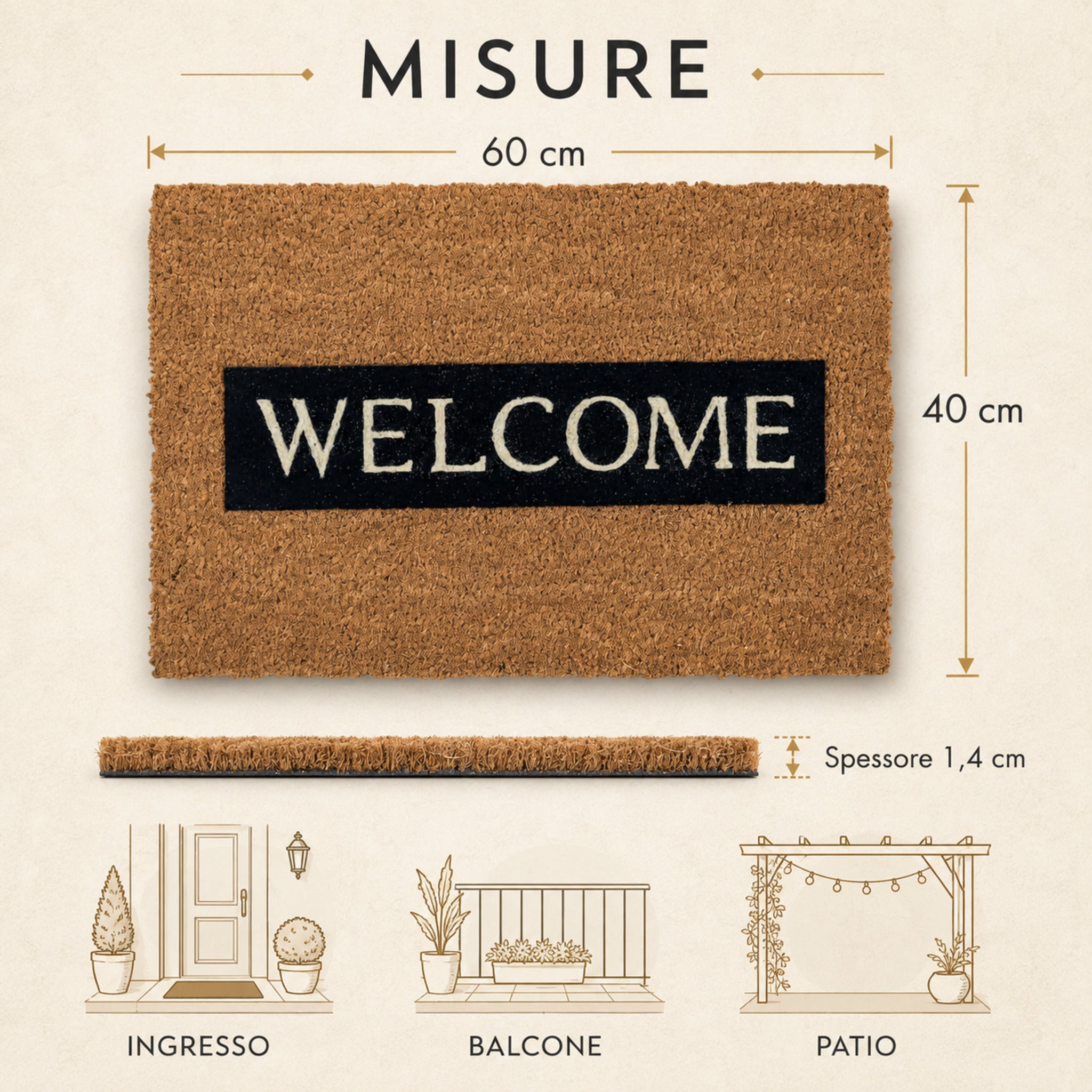Zerbino Welcome Biscotto 40 × 60 cm con spessore 1,4 cm per ingresso, balcone e patio