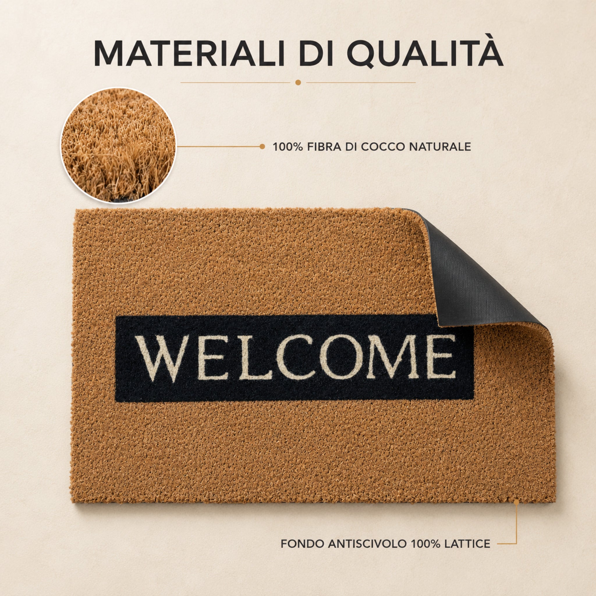 Zerbino Welcome Biscotto in fibra di cocco naturale con fondo antiscivolo 100% lattice