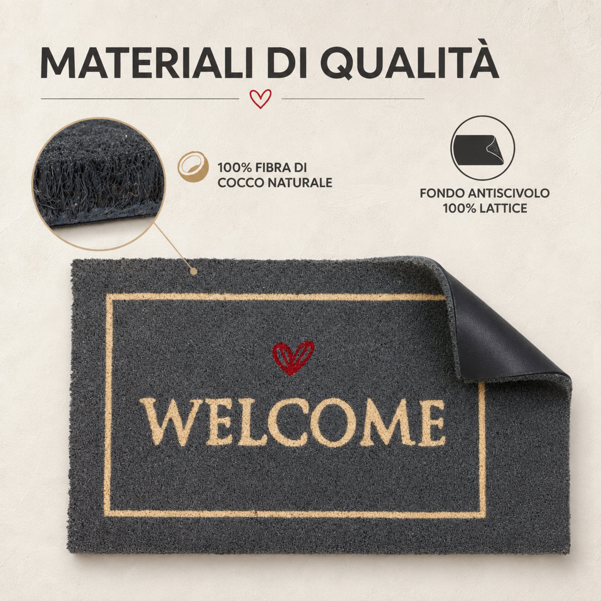 Zerbino Welcome in fibra di cocco naturale con fondo antiscivolo 100% lattice