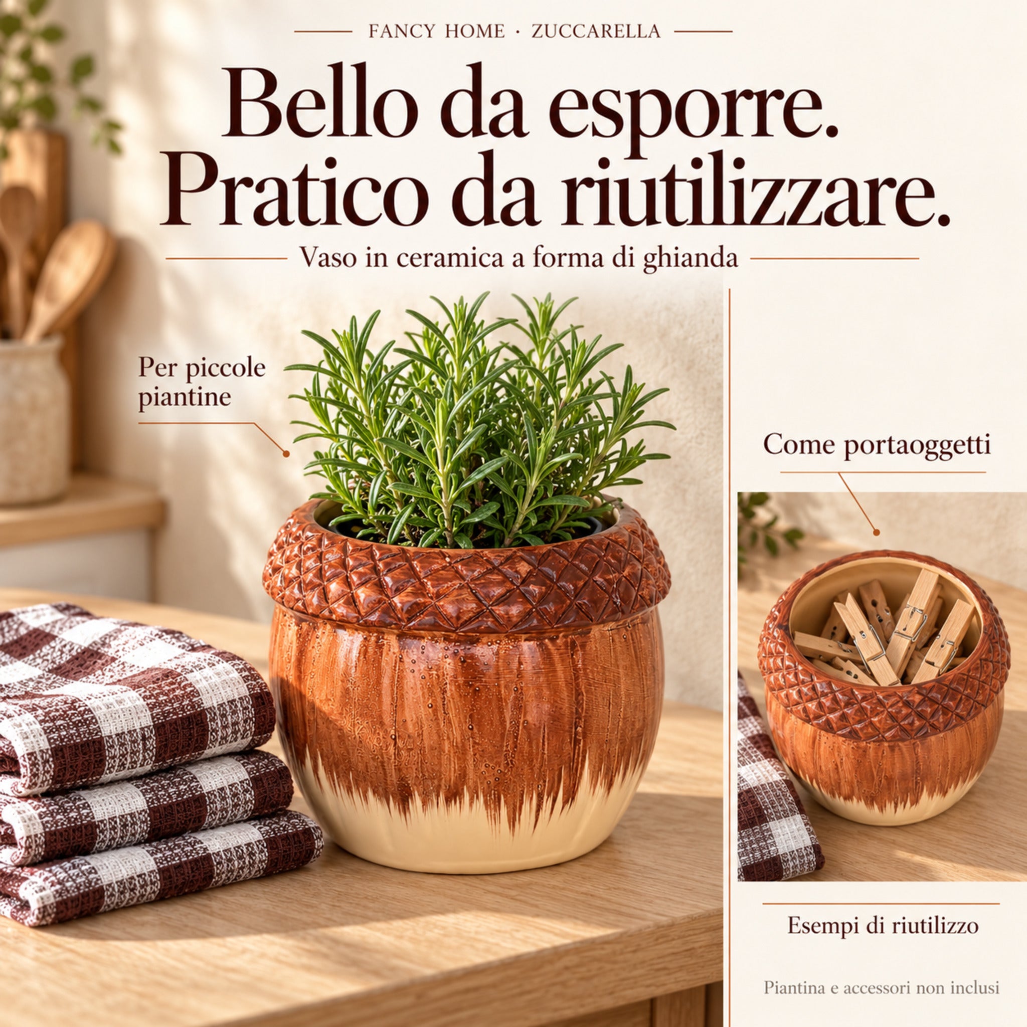Vaso in ceramica a forma di ghianda con piantina e riquadro dedicato al riutilizzo come portaoggetti.
