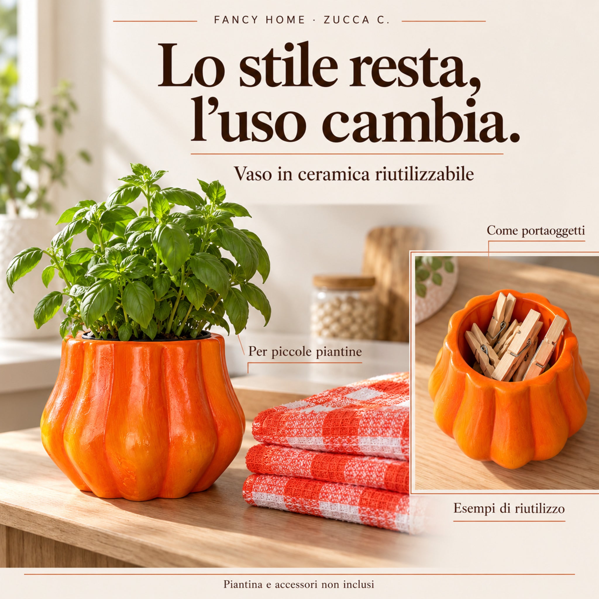 Vaso Zucca C. arancione utilizzato come coprivaso per basilico e come portamollette, con strofinacci abbinati.