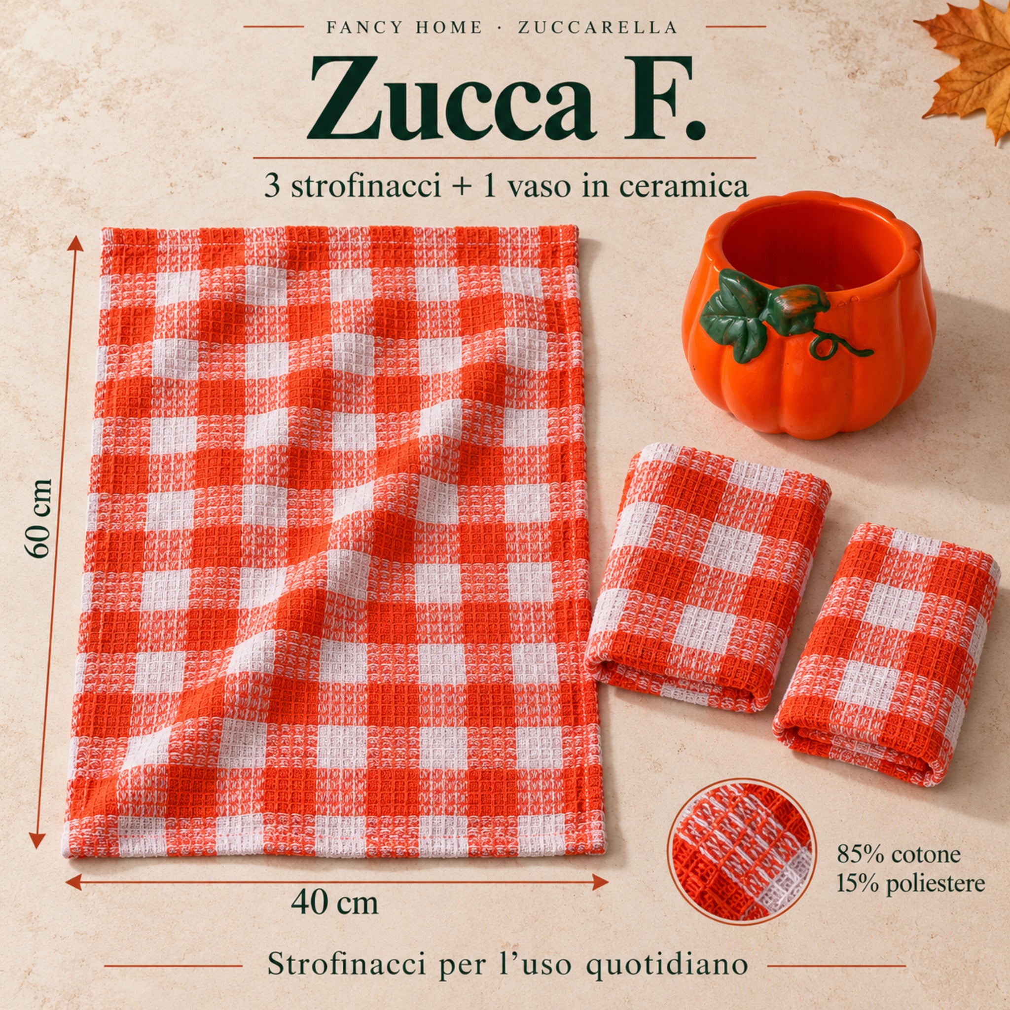 Infografica Zucca F. con vaso a foglie verdi e tre strofinacci a quadri, misure 40x60 cm e composizione del tessuto.