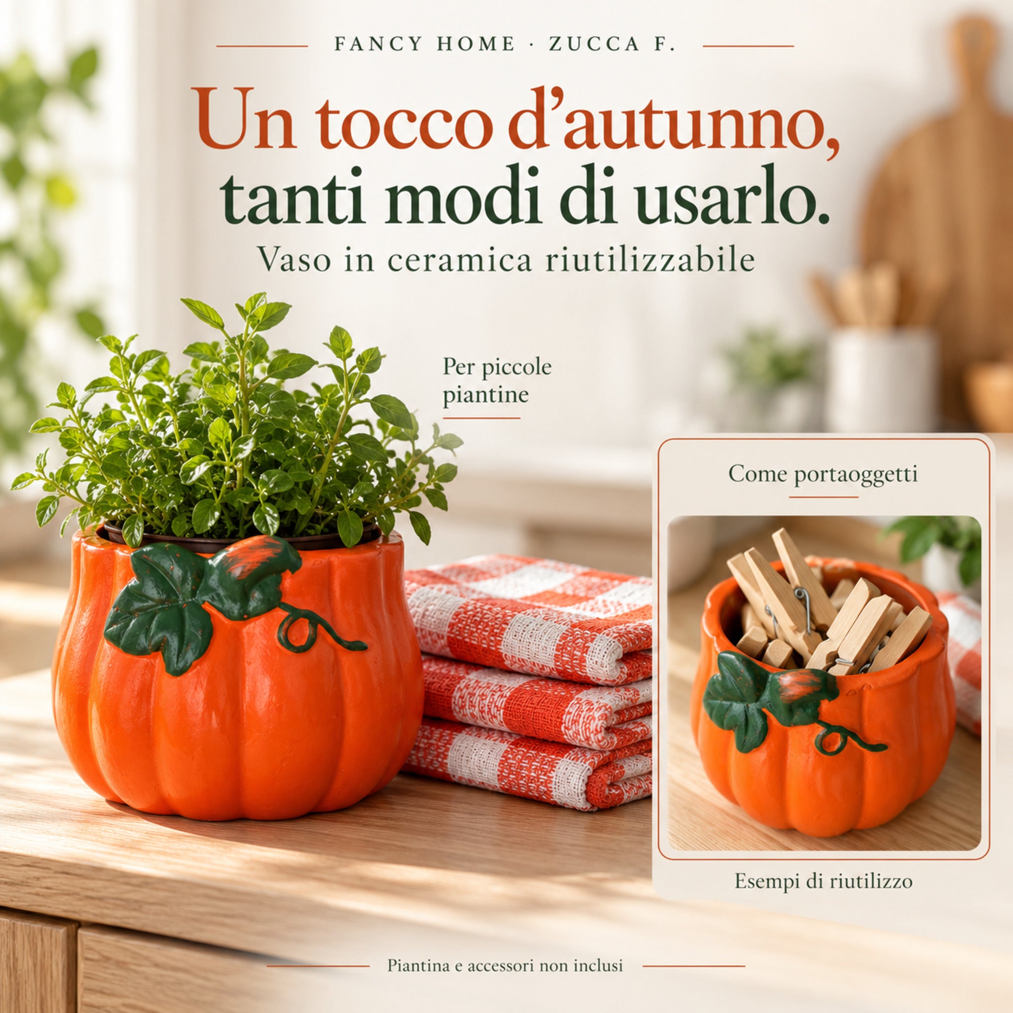 Vaso Zucca F. con foglie verdi usato come coprivaso e portaoggetti, affiancato dagli strofinacci arancio e bianchi.